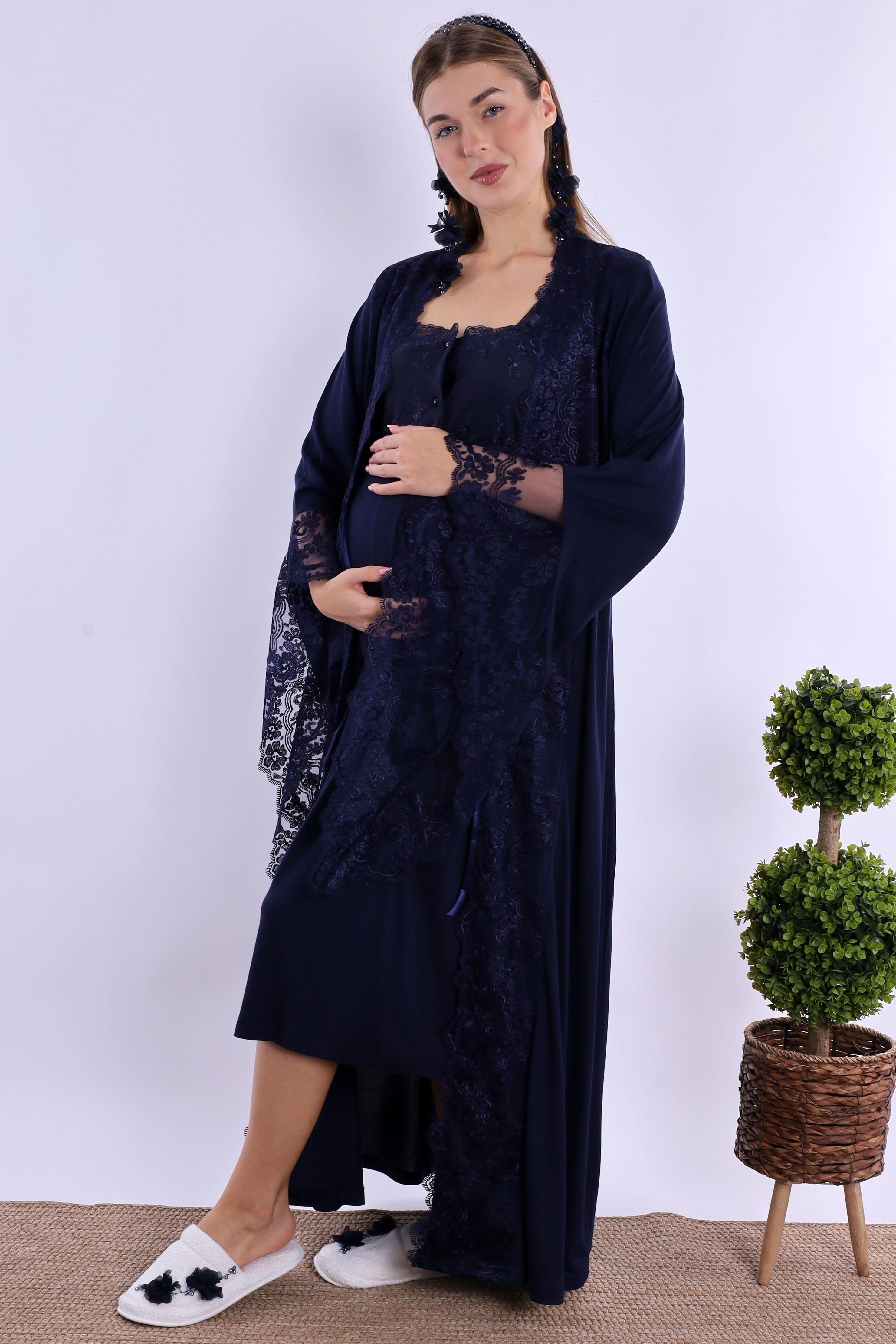 230202 Lacivert Dantelli Hamile Lohusa Set
