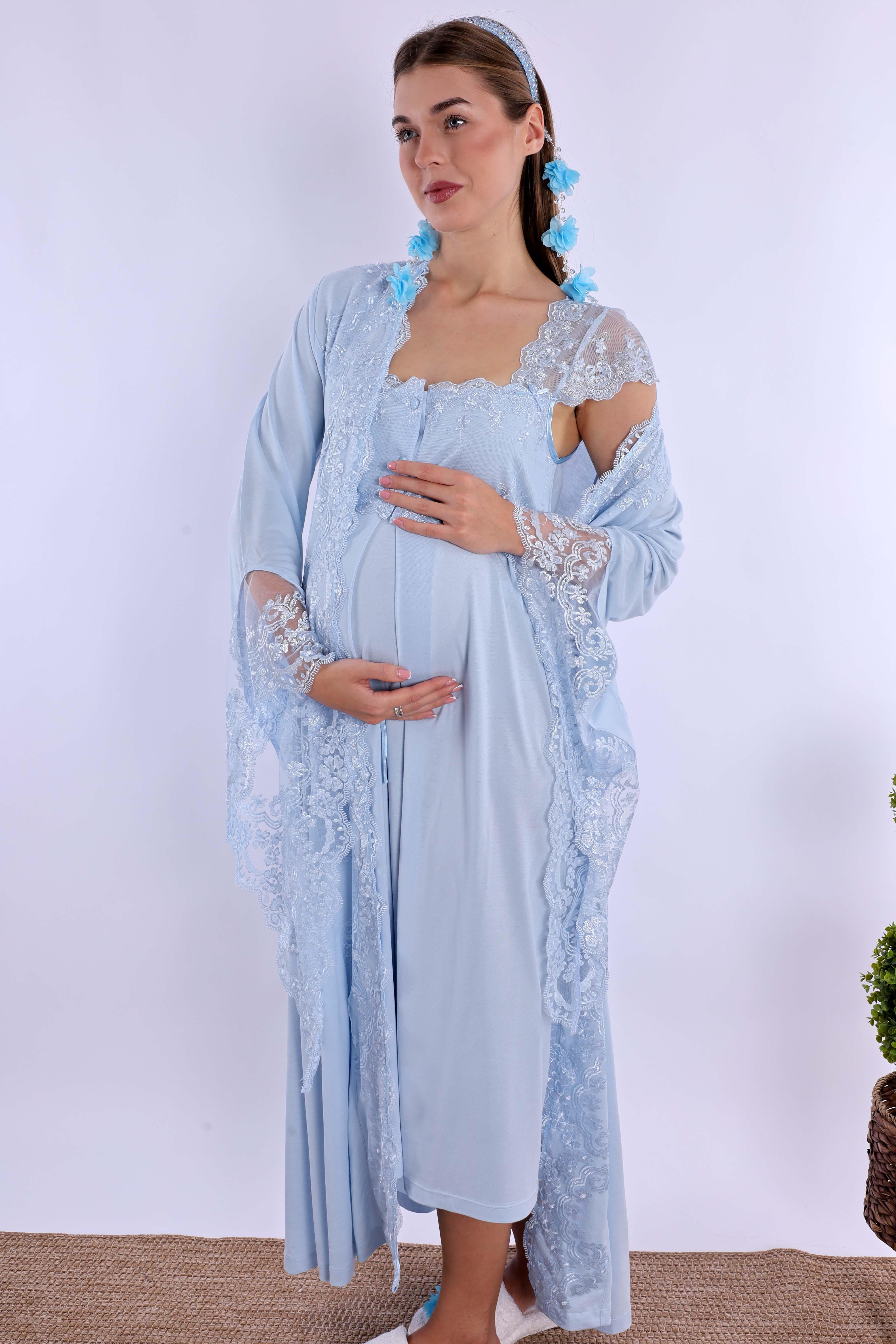 230202 Mavi Dantelli Hamile Lohusa Set