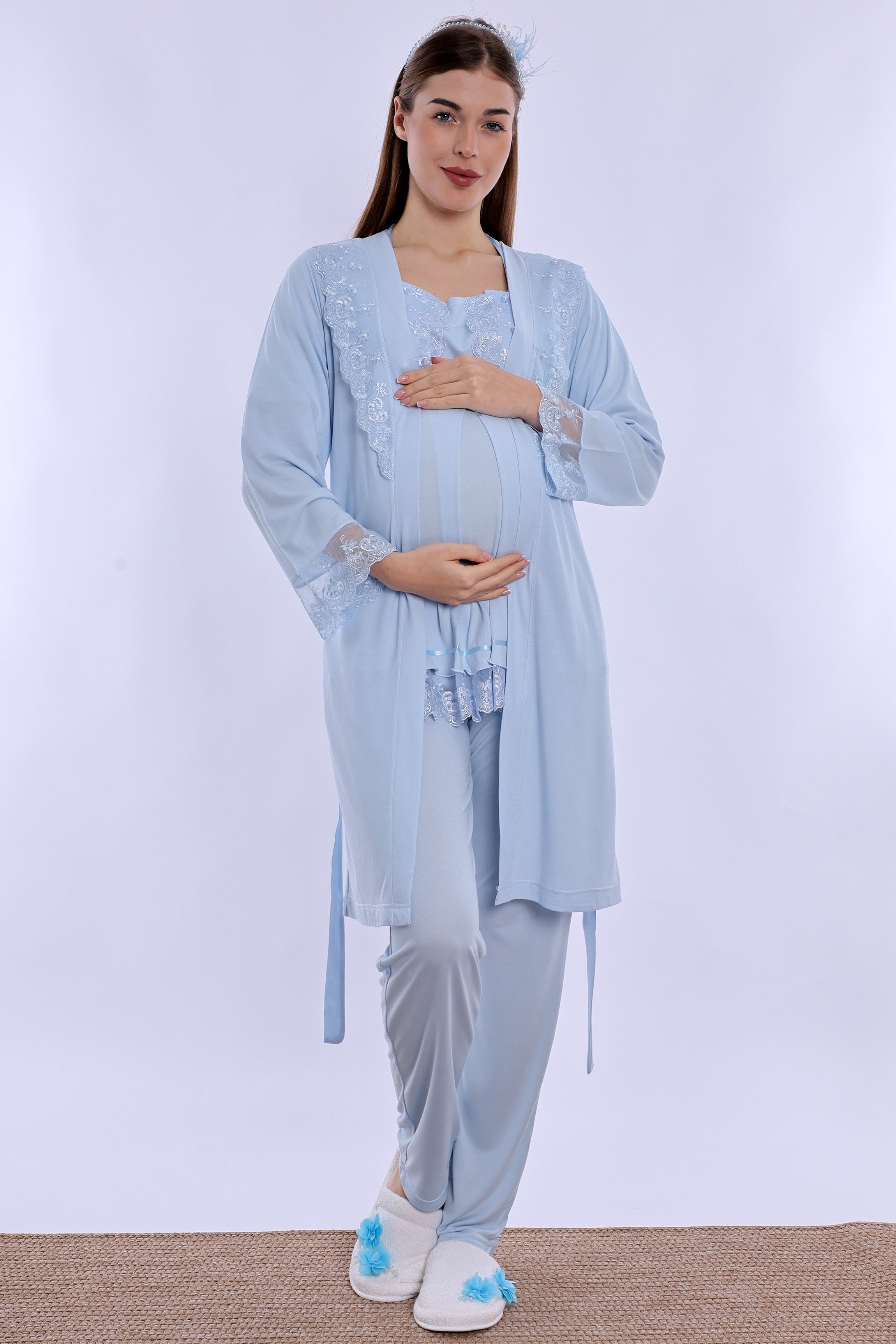 230442 Rahat Kesim Emzirme Özellikli Sabahlıklı Hamile Lohusa Pijama Takımı  - Mavi