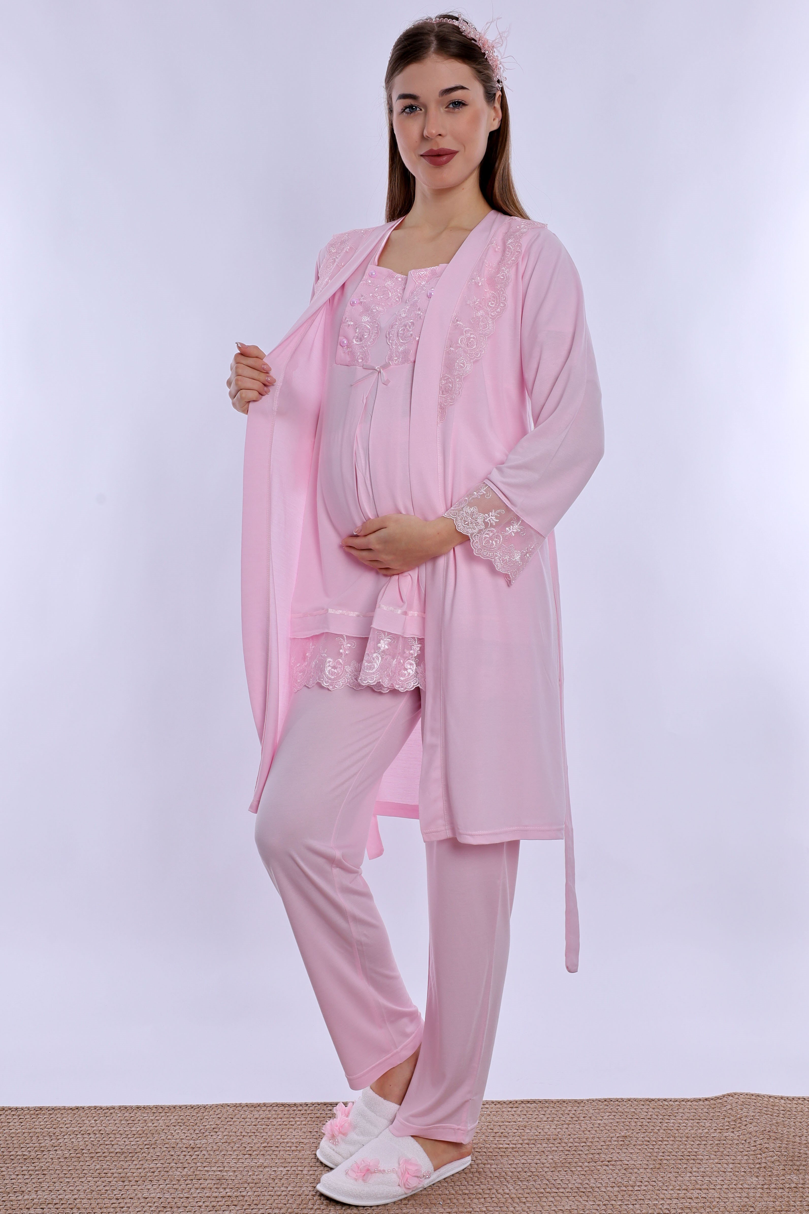 230442 Rahat Kesim Emzirme Özellikli Sabahlıklı Hamile Lohusa Pijama Takımı  - Pembe