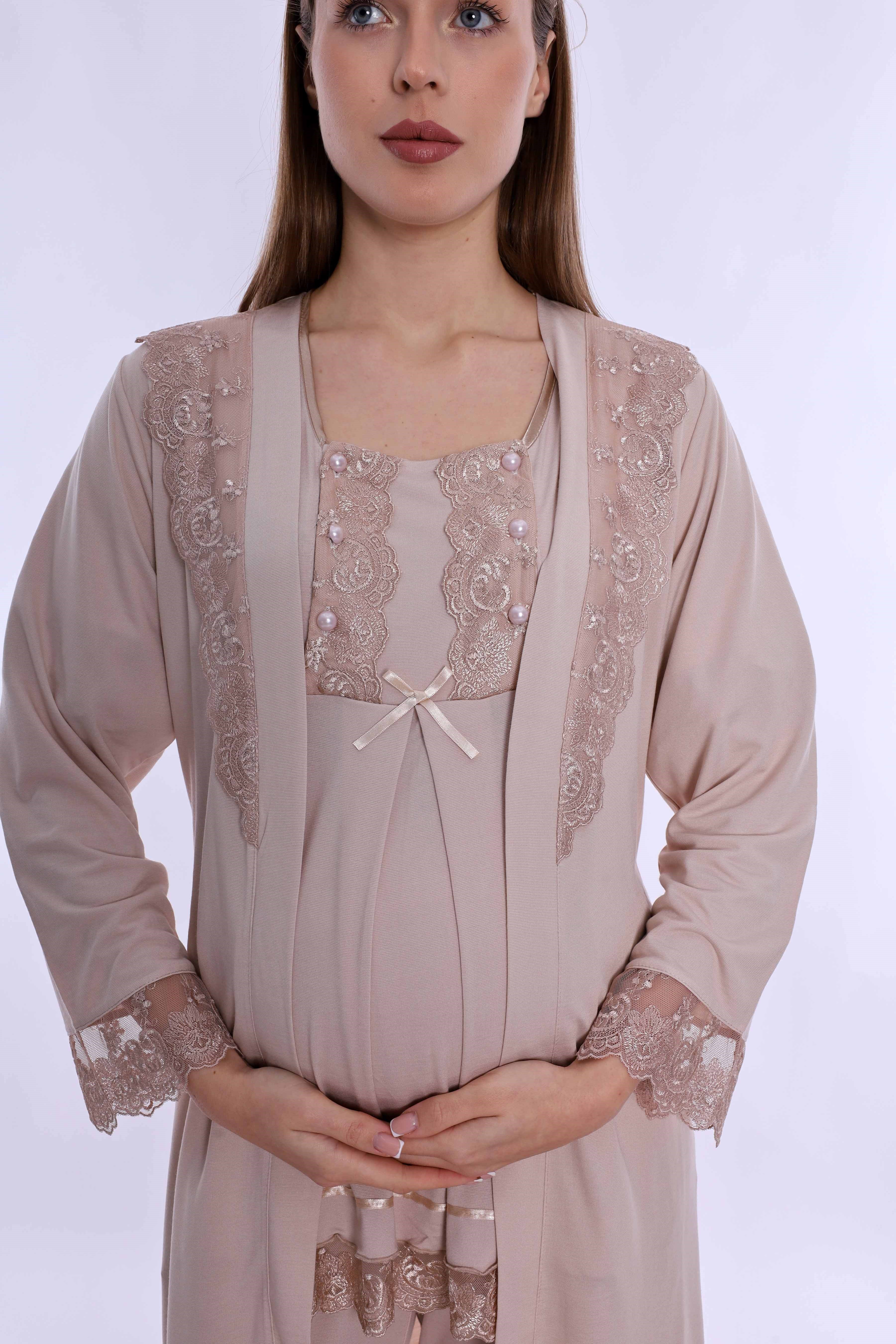 230442 Rahat Kesim Emzirme Özellikli Sabahlıklı Hamile Lohusa Pijama Takımı  - Bej