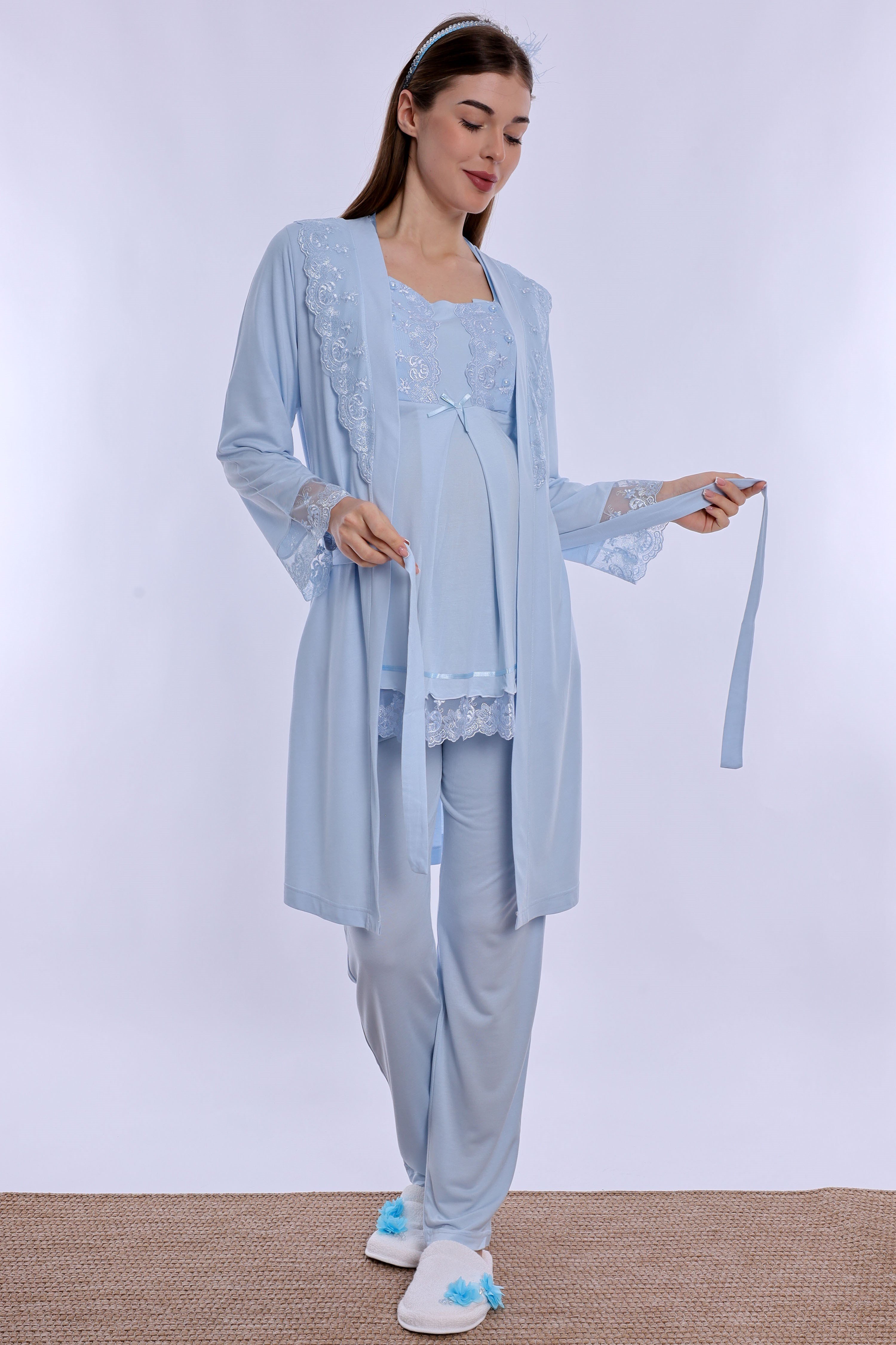 230442 Rahat Kesim Emzirme Özellikli Sabahlıklı Hamile Lohusa Pijama Takımı  - Mavi