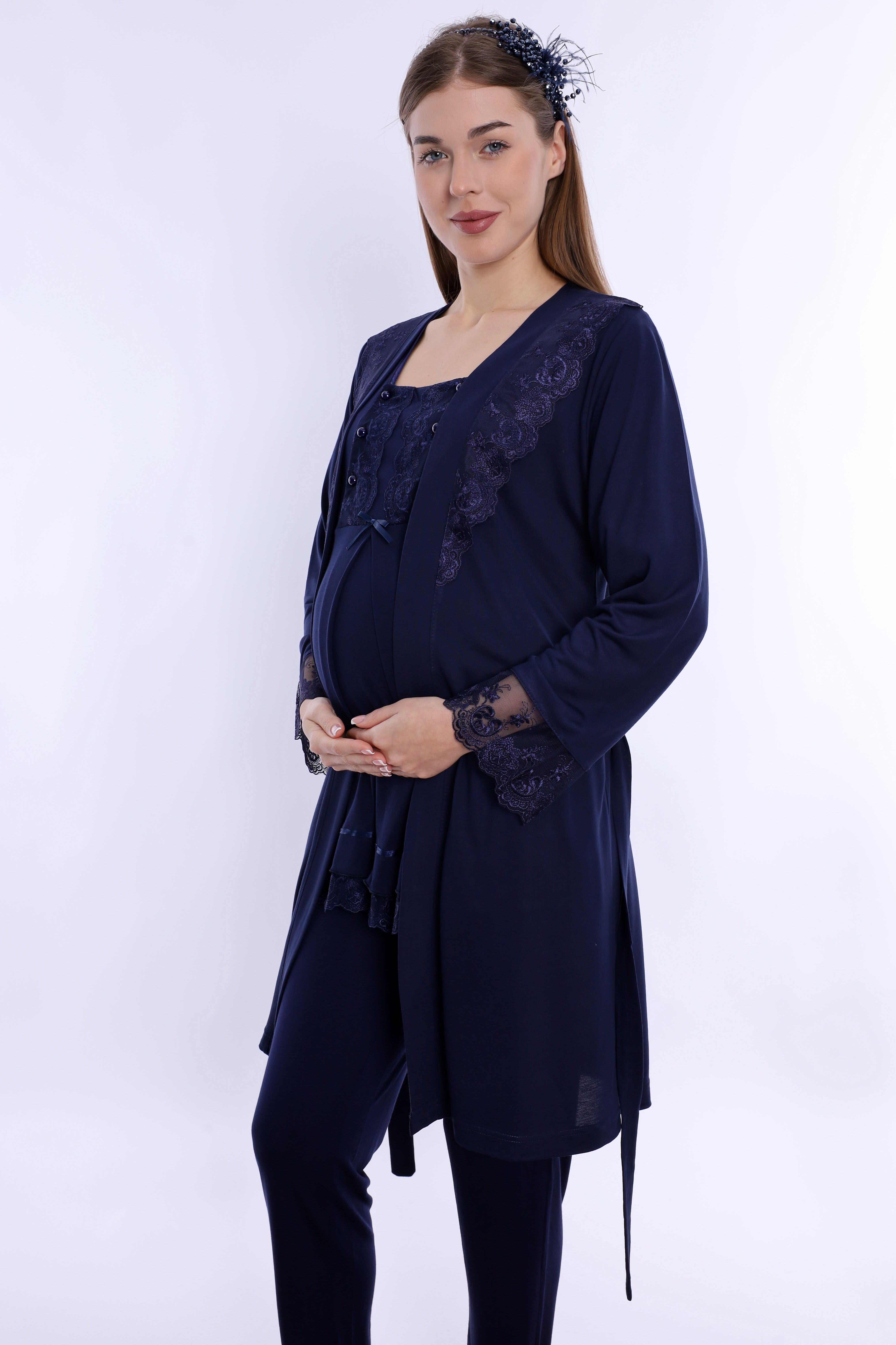 230442 Rahat Kesim Emzirme Özellikli Sabahlıklı Hamile Lohusa Pijama Takımı  - Lacivert