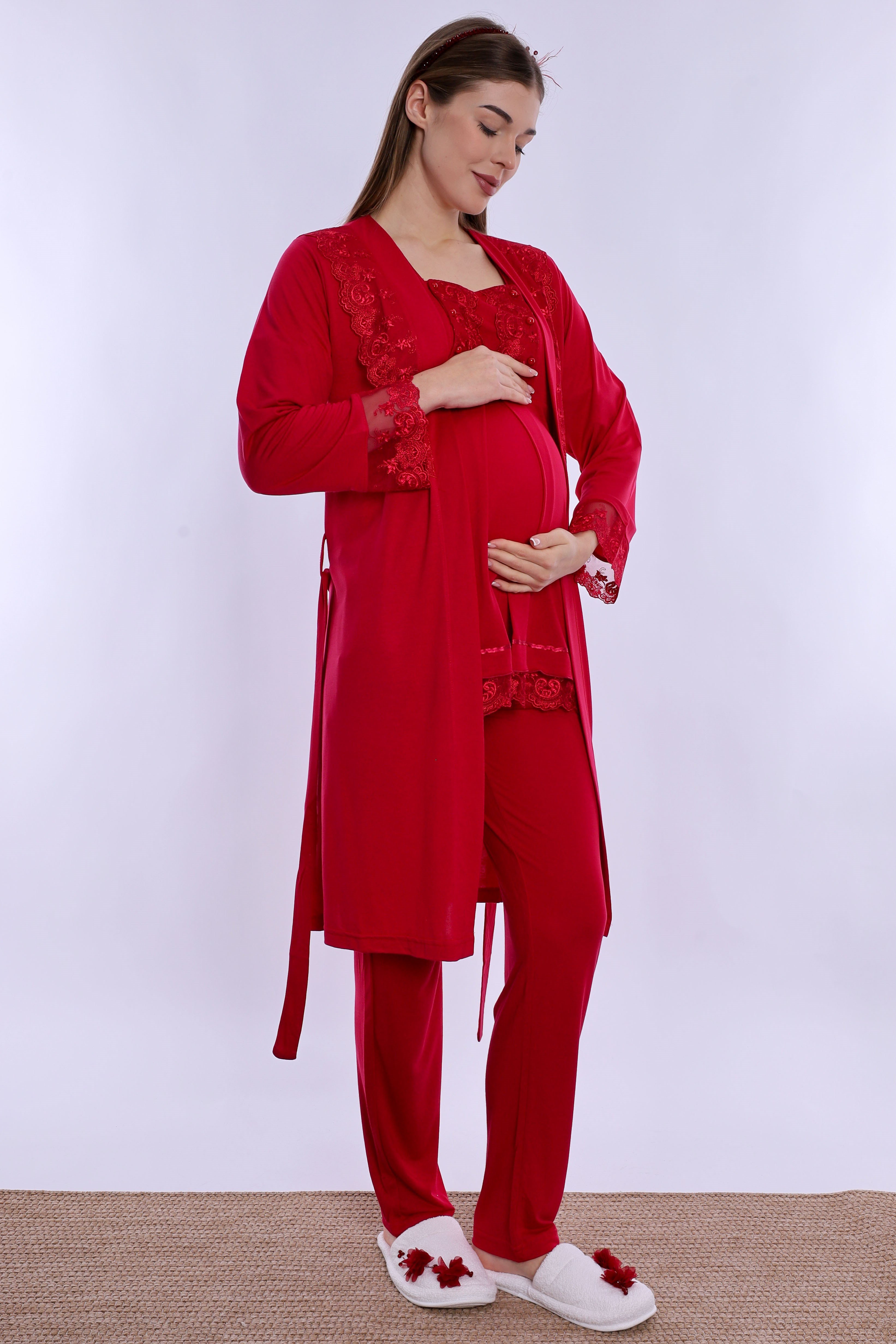 230442 Rahat Kesim Emzirme Özellikli Sabahlıklı Hamile Lohusa Pijama Takımı  - Vişne
