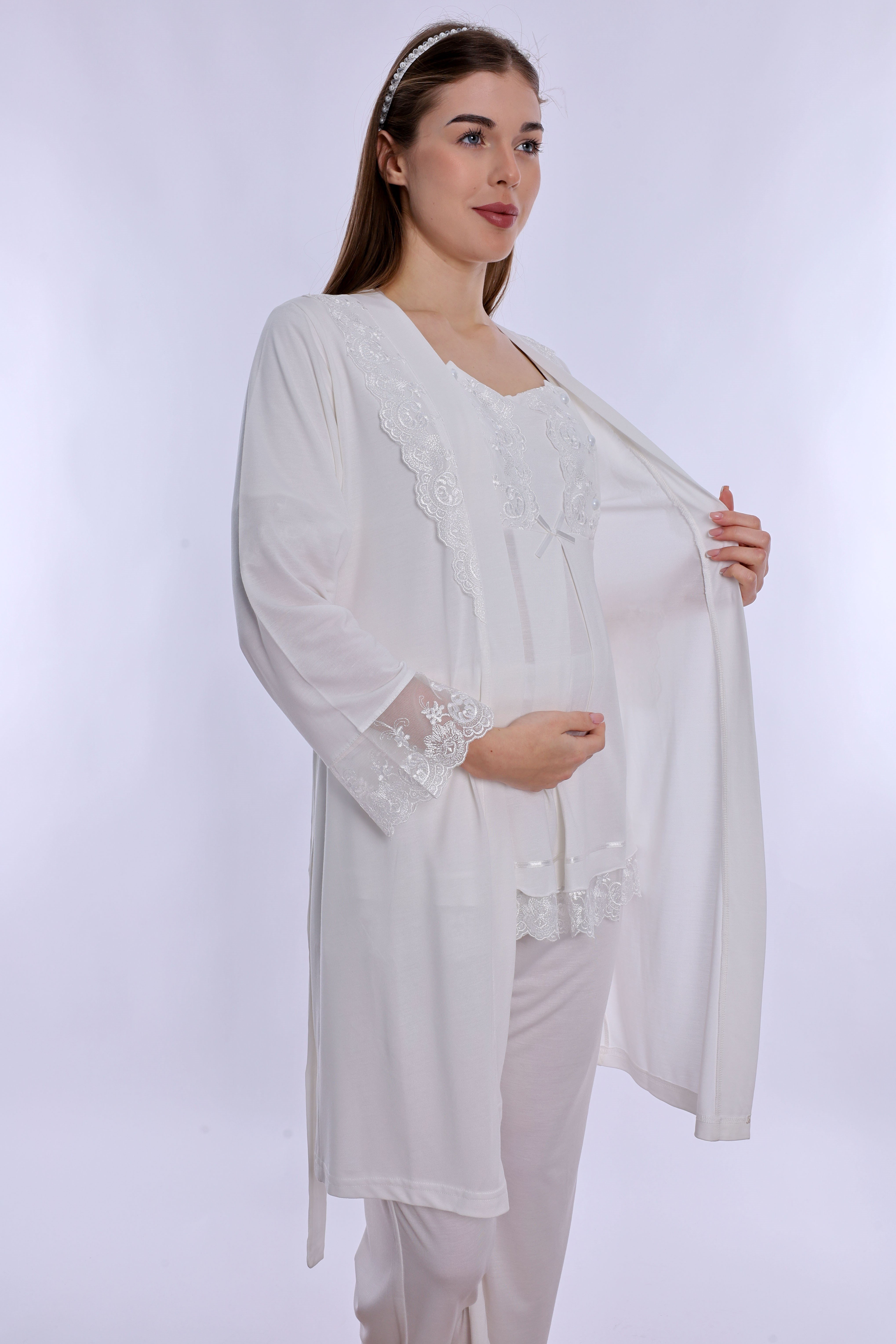230442 Rahat Kesim Emzirme Özellikli Sabahlıklı Hamile Lohusa Pijama Takımı  - Ekru