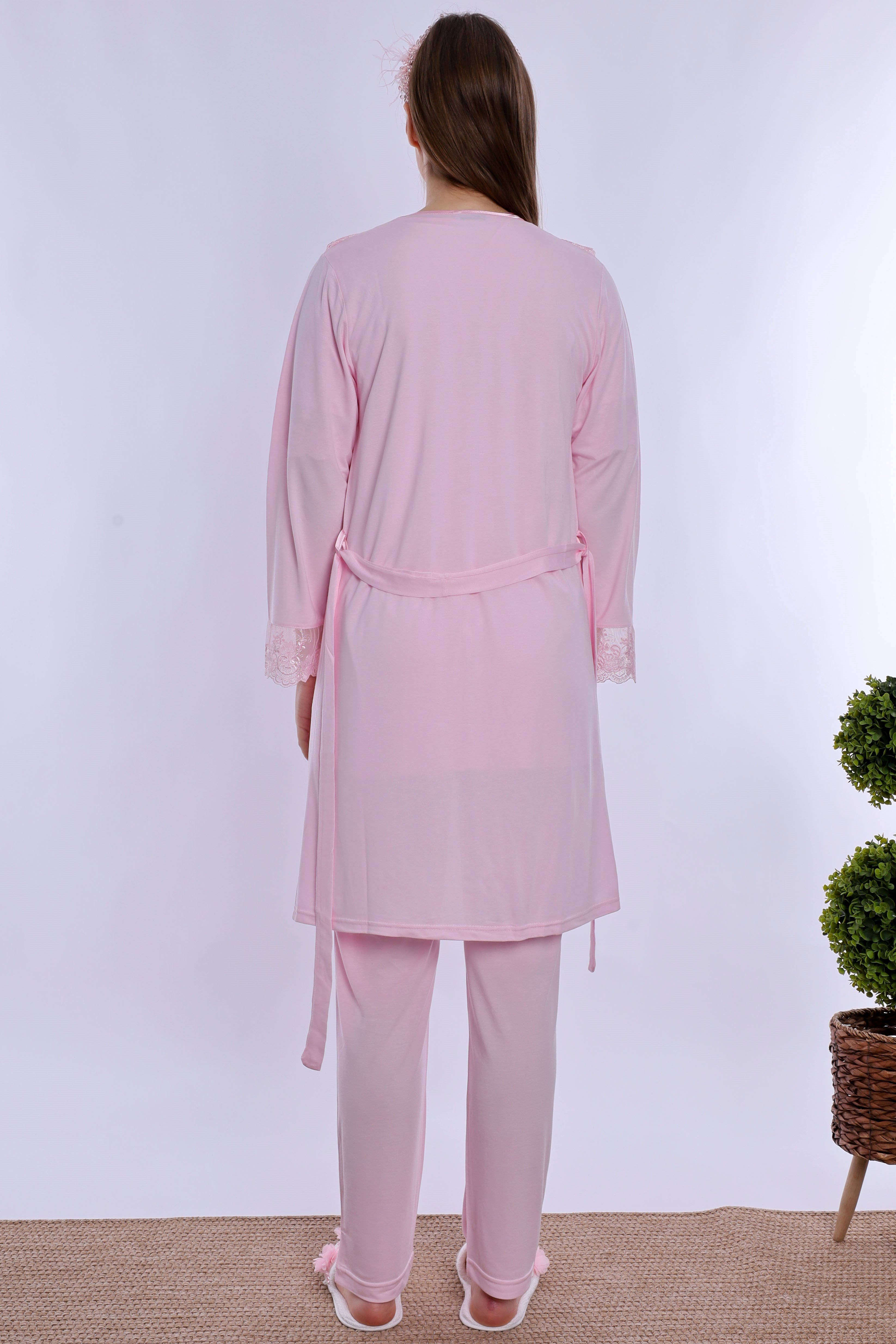 230442 Rahat Kesim Emzirme Özellikli Sabahlıklı Hamile Lohusa Pijama Takımı  - Pembe