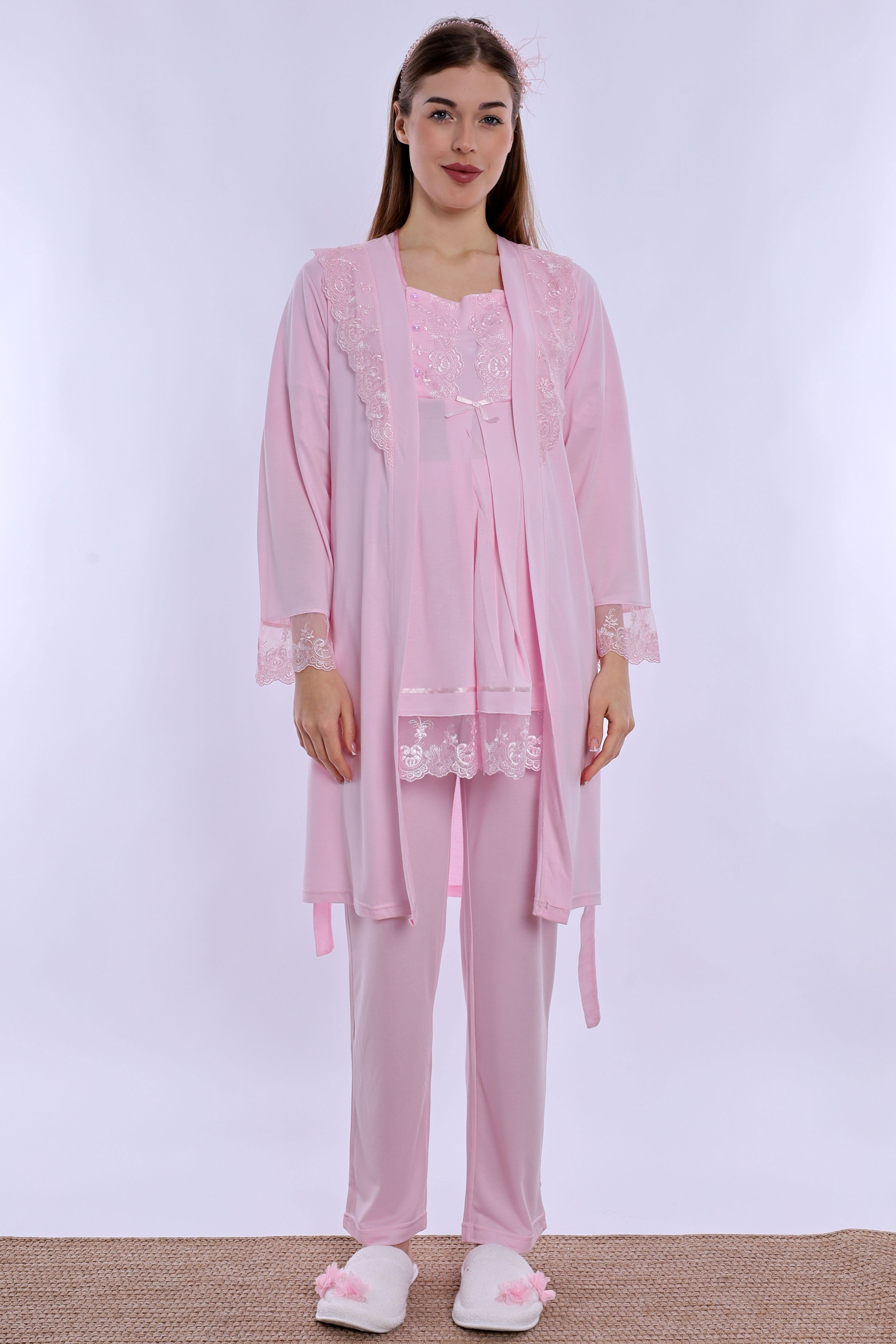 230442 Rahat Kesim Emzirme Özellikli Sabahlıklı Hamile Lohusa Pijama Takımı  - Pembe