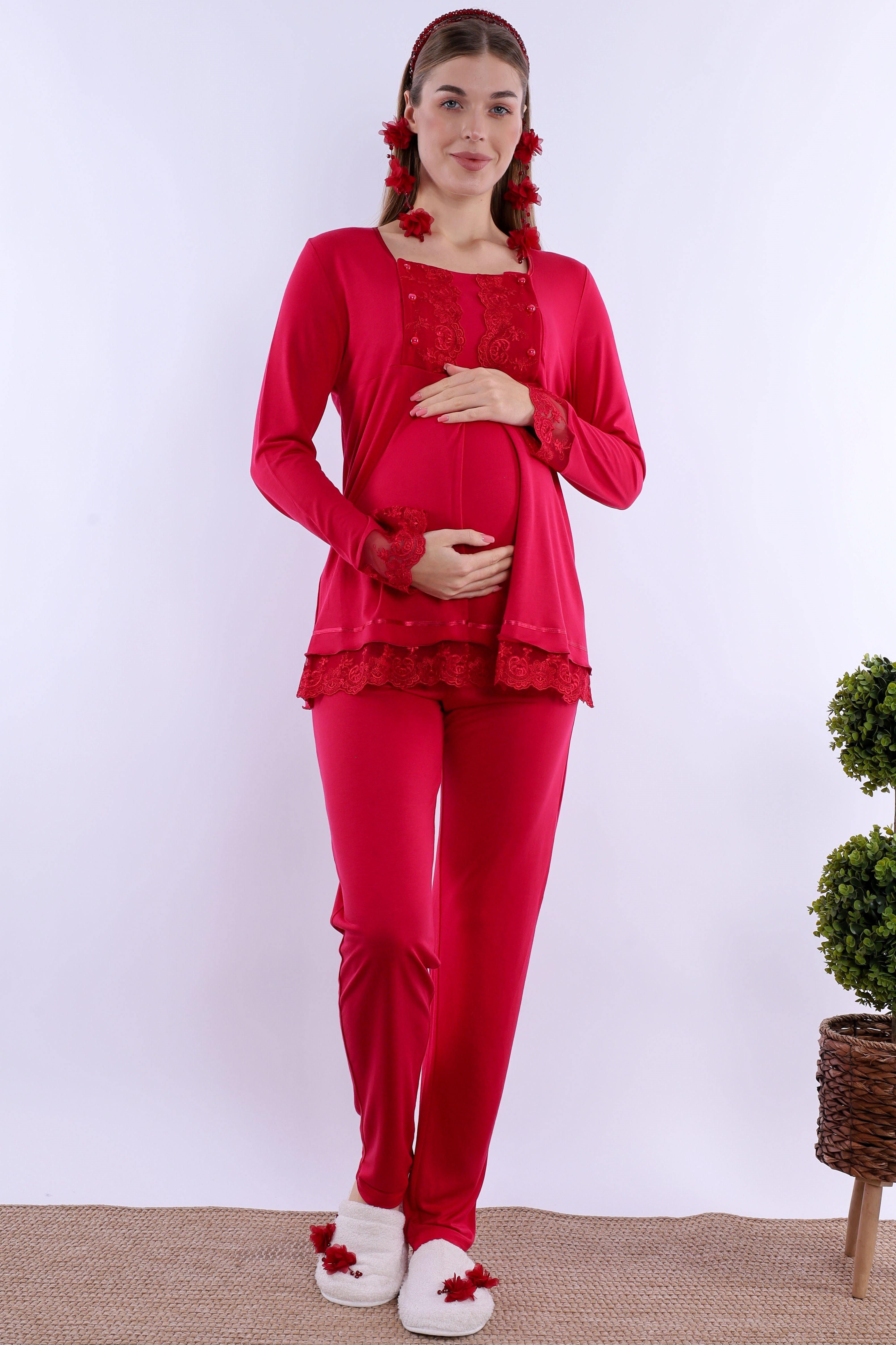 230442 Rahat Kesim Emzirme Özellikli Sabahlıklı Hamile Lohusa Pijama Takımı  - Vişne