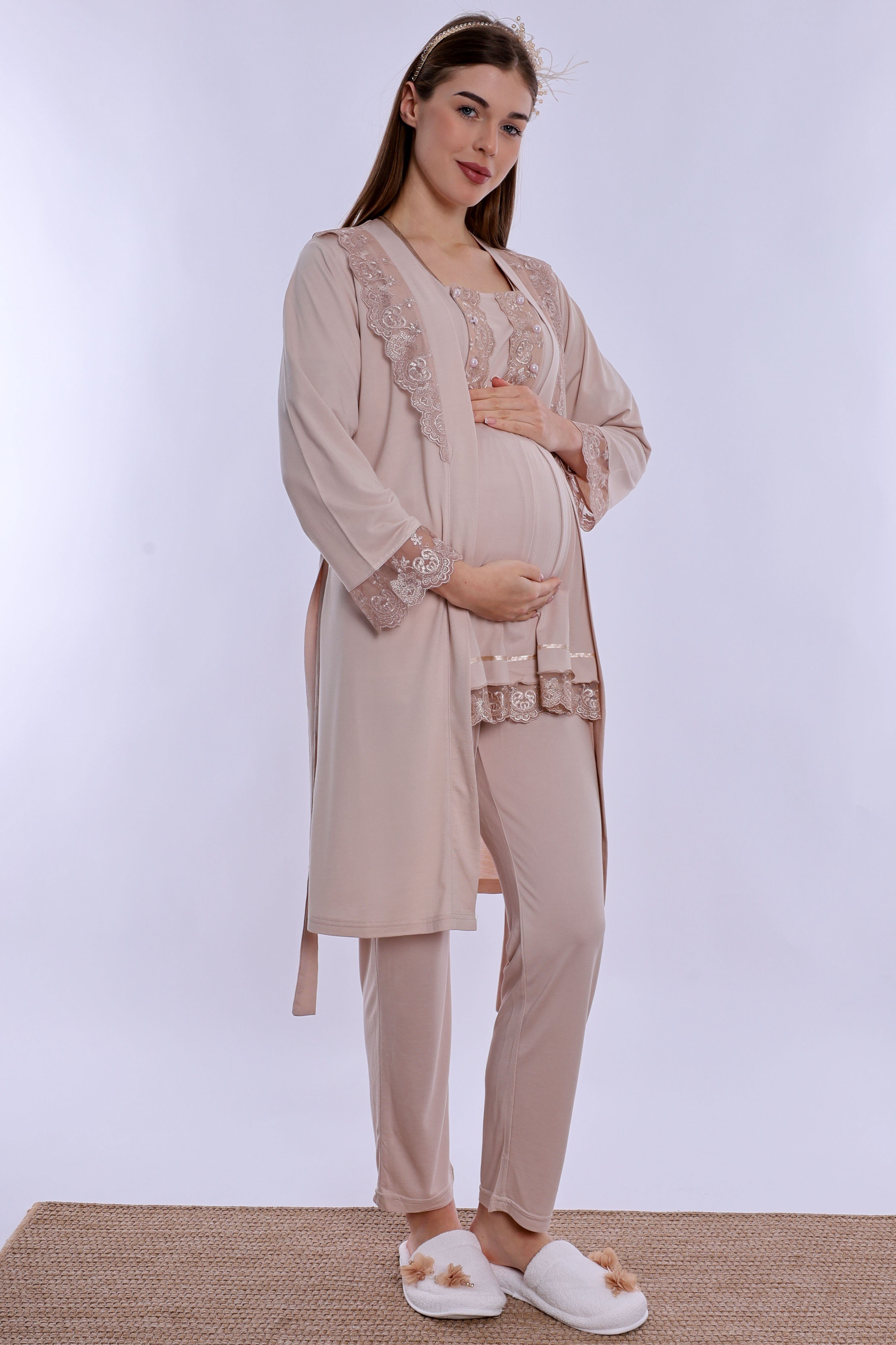 230442 Rahat Kesim Emzirme Özellikli Sabahlıklı Hamile Lohusa Pijama Takımı  - Bej