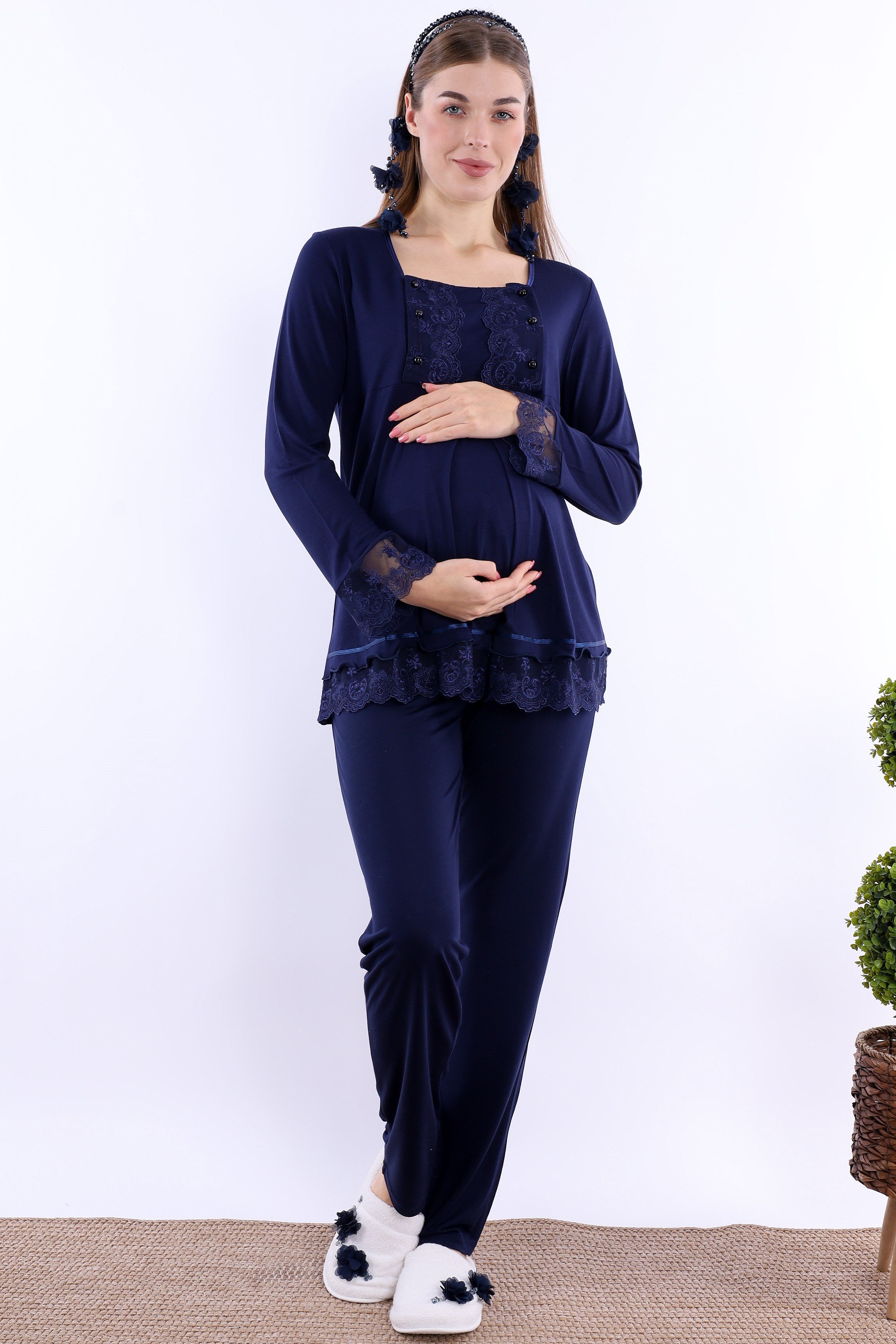 230442 Rahat Kesim Emzirme Özellikli Sabahlıklı Hamile Lohusa Pijama Takımı  - Lacivert