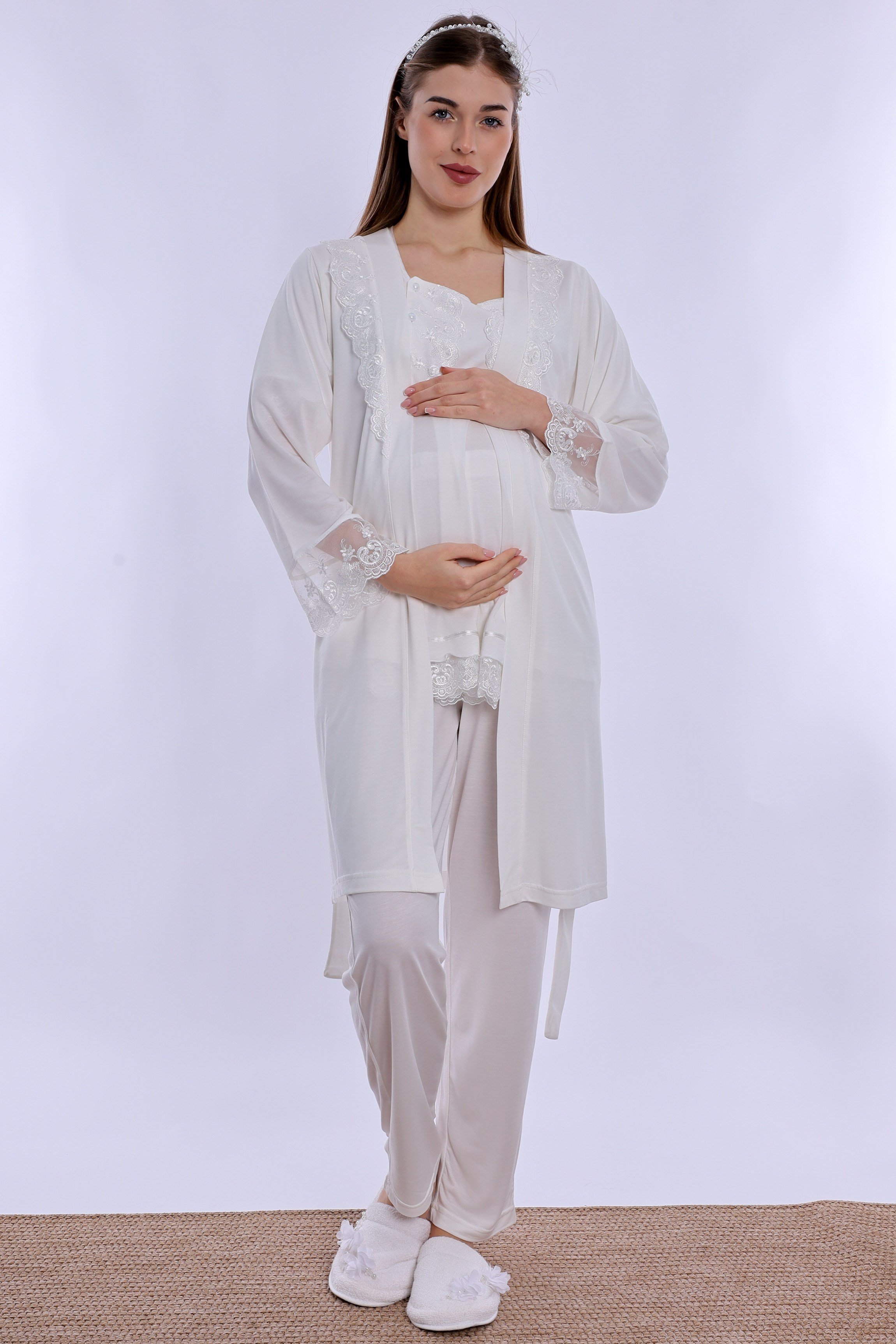 230442 Rahat Kesim Emzirme Özellikli Sabahlıklı Hamile Lohusa Pijama Takımı  - Ekru