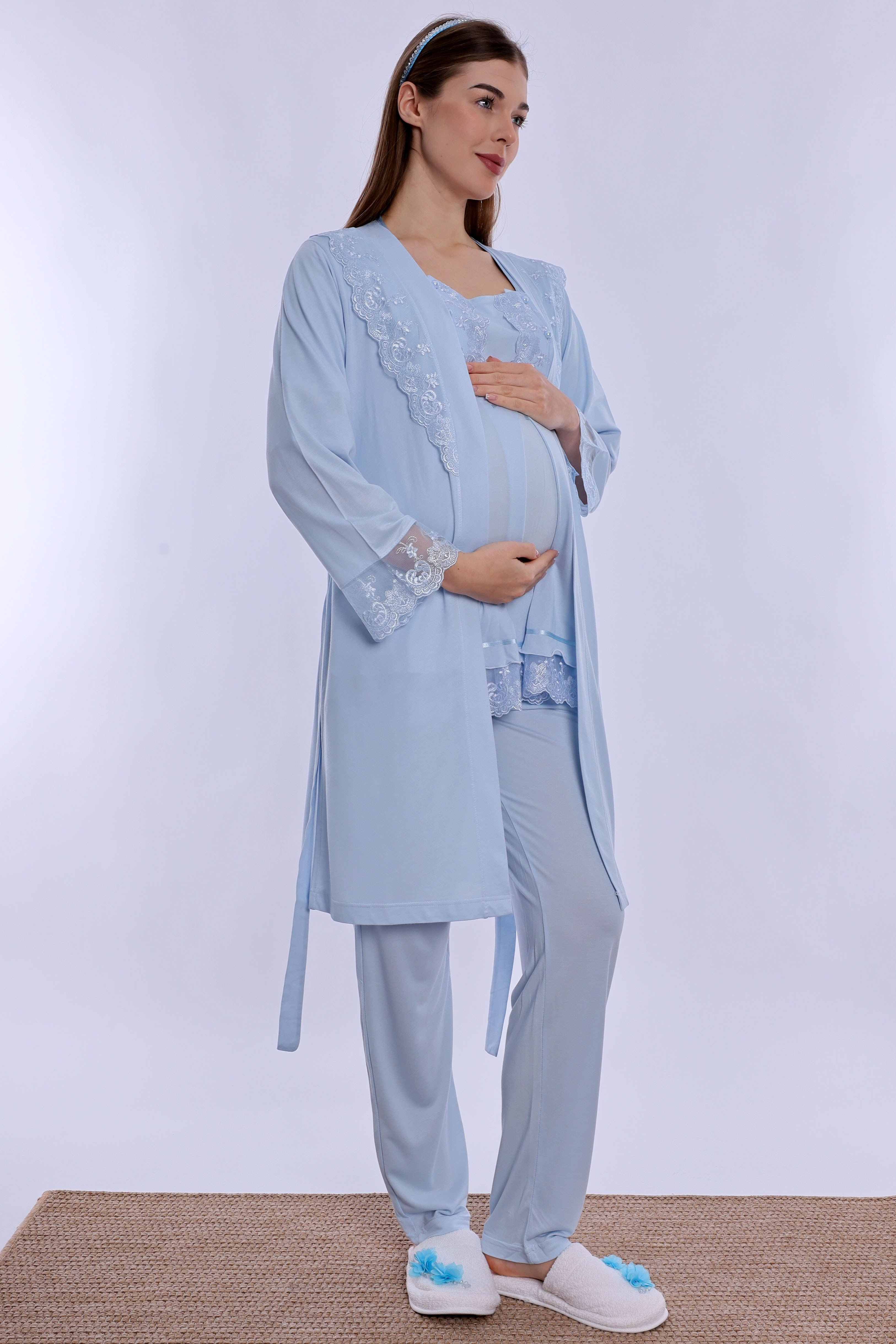 230442 Rahat Kesim Emzirme Özellikli Sabahlıklı Hamile Lohusa Pijama Takımı  - Mavi