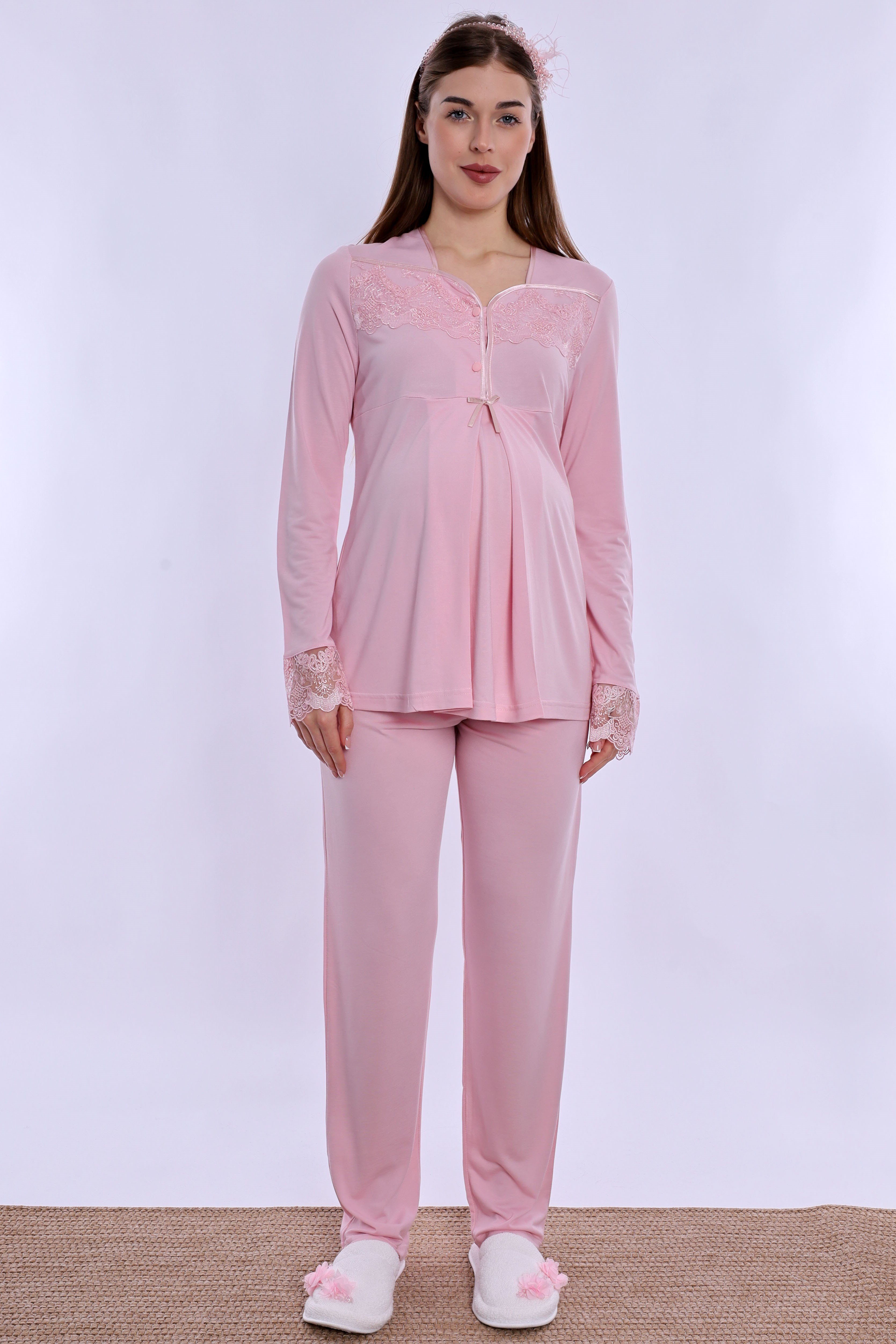 240822 Ayarlanabilir Bel Lastikli Pamuklu Hamile Pijama Takımı  - Pembe