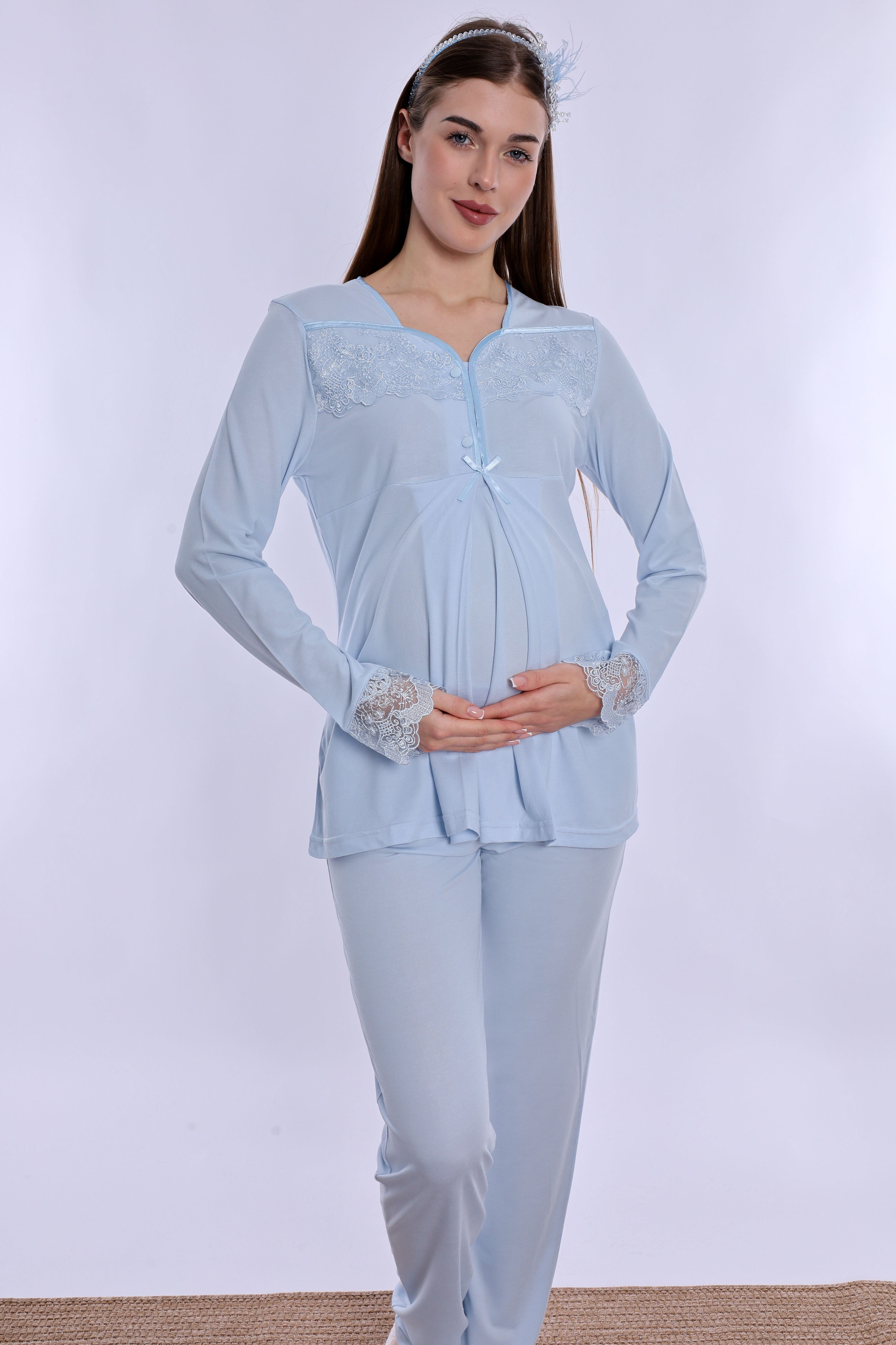 240822 Ayarlanabilir Bel Lastikli Pamuklu Hamile Pijama Takımı  - Mavi