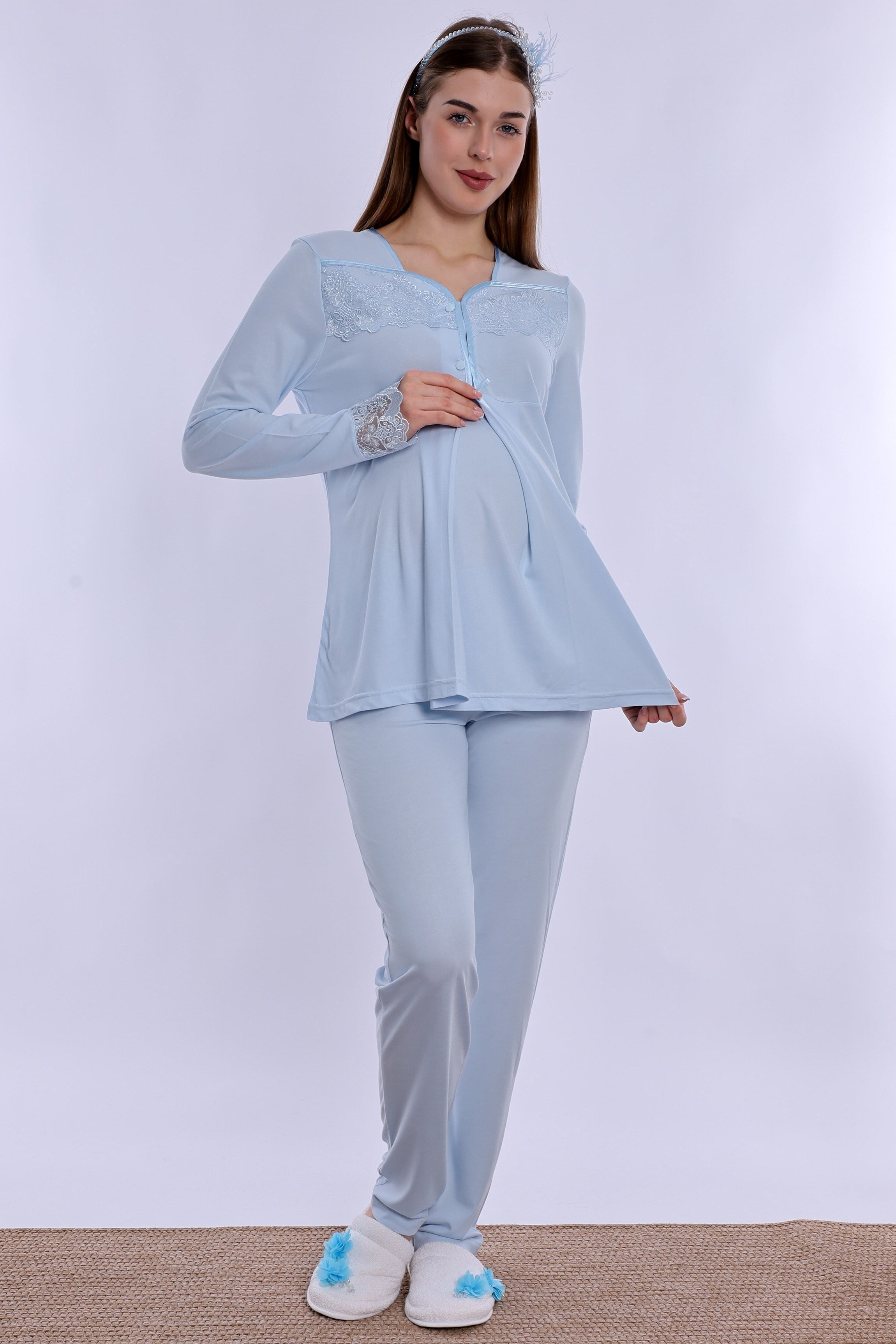 240822 Ayarlanabilir Bel Lastikli Pamuklu Hamile Pijama Takımı  - Mavi