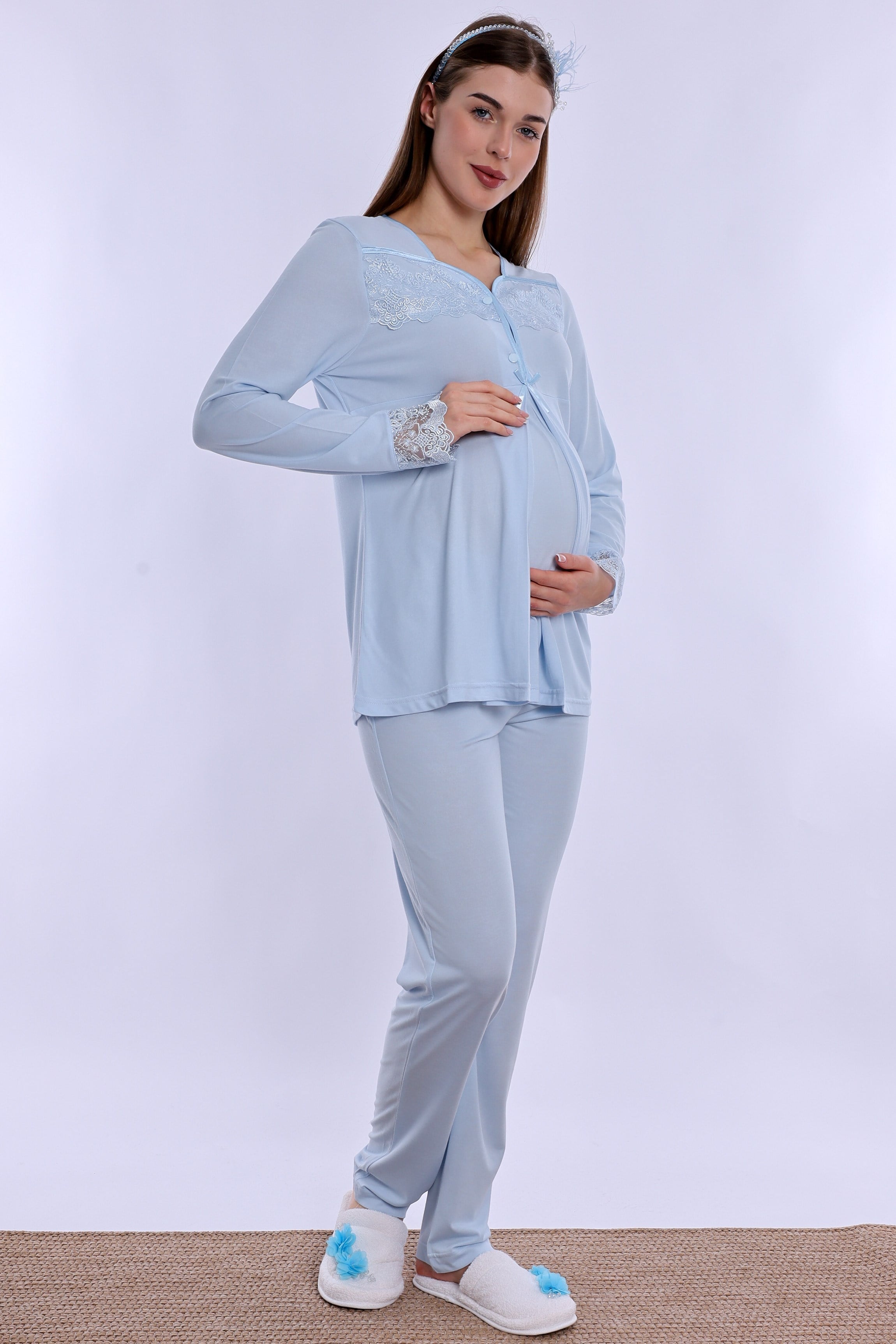 240822 Ayarlanabilir Bel Lastikli Pamuklu Hamile Pijama Takımı  - Mavi