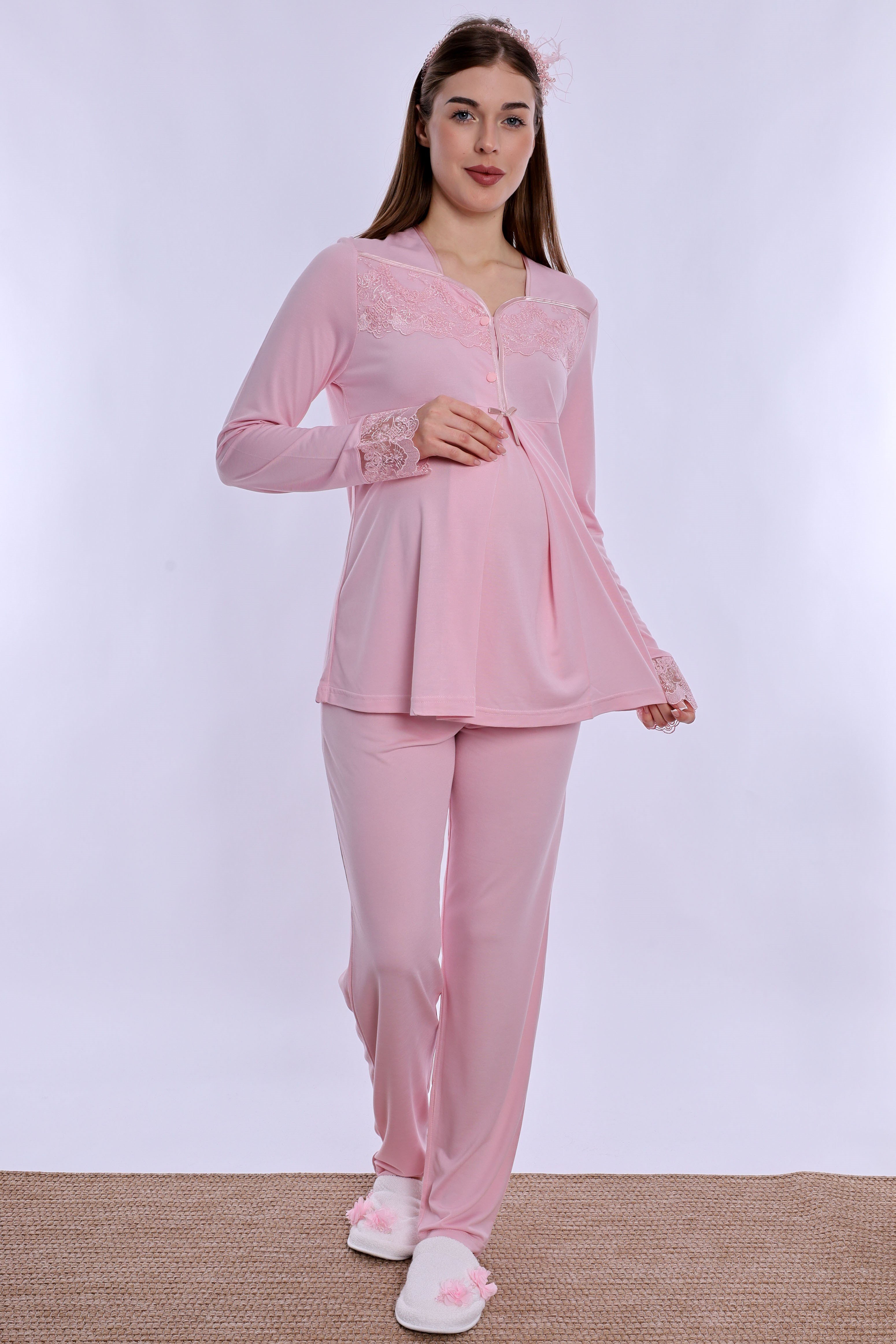 240822 Ayarlanabilir Bel Lastikli Pamuklu Hamile Pijama Takımı  - Pembe