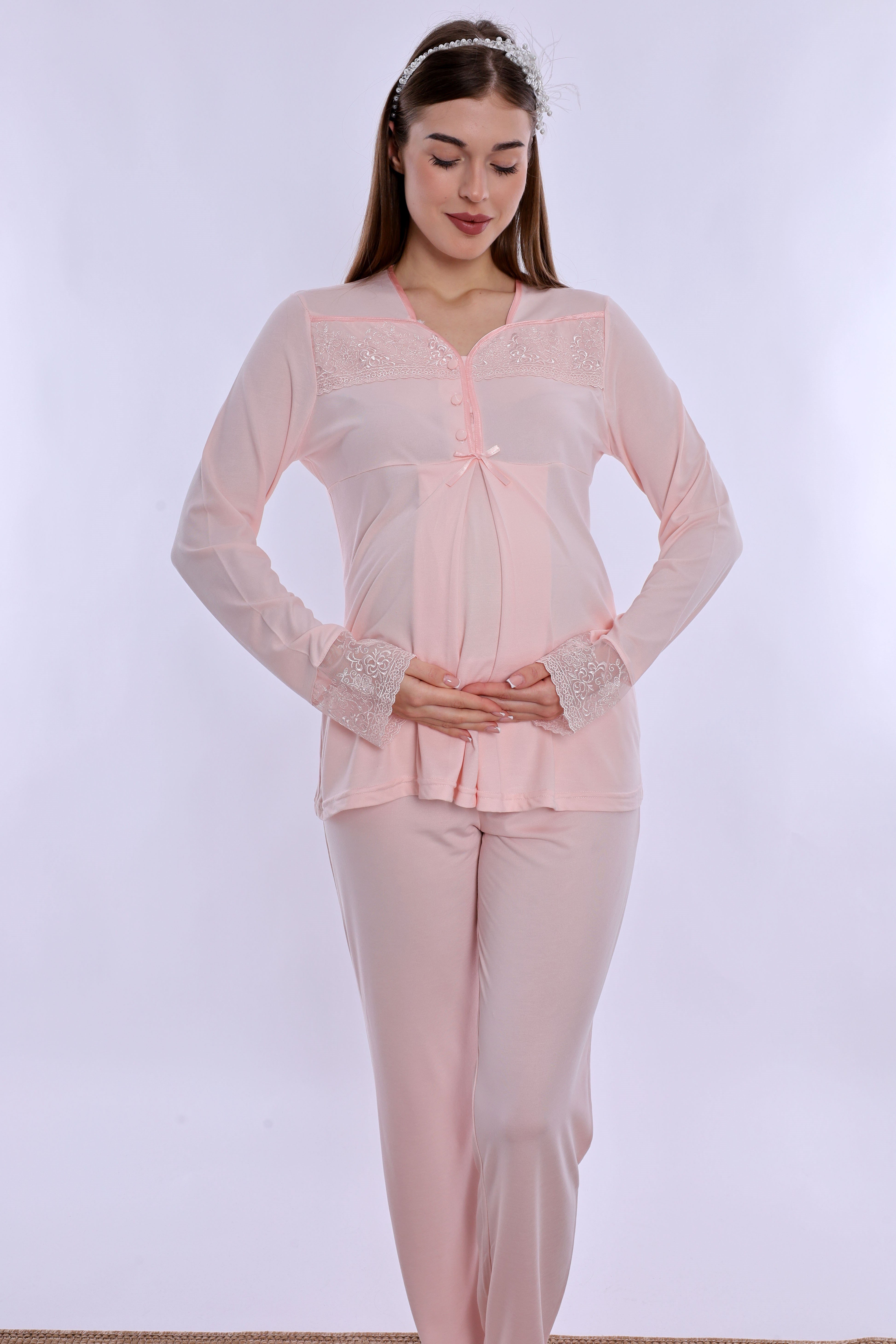 240822 Ayarlanabilir Bel Lastikli Pamuklu Hamile Pijama Takımı  - Pudra