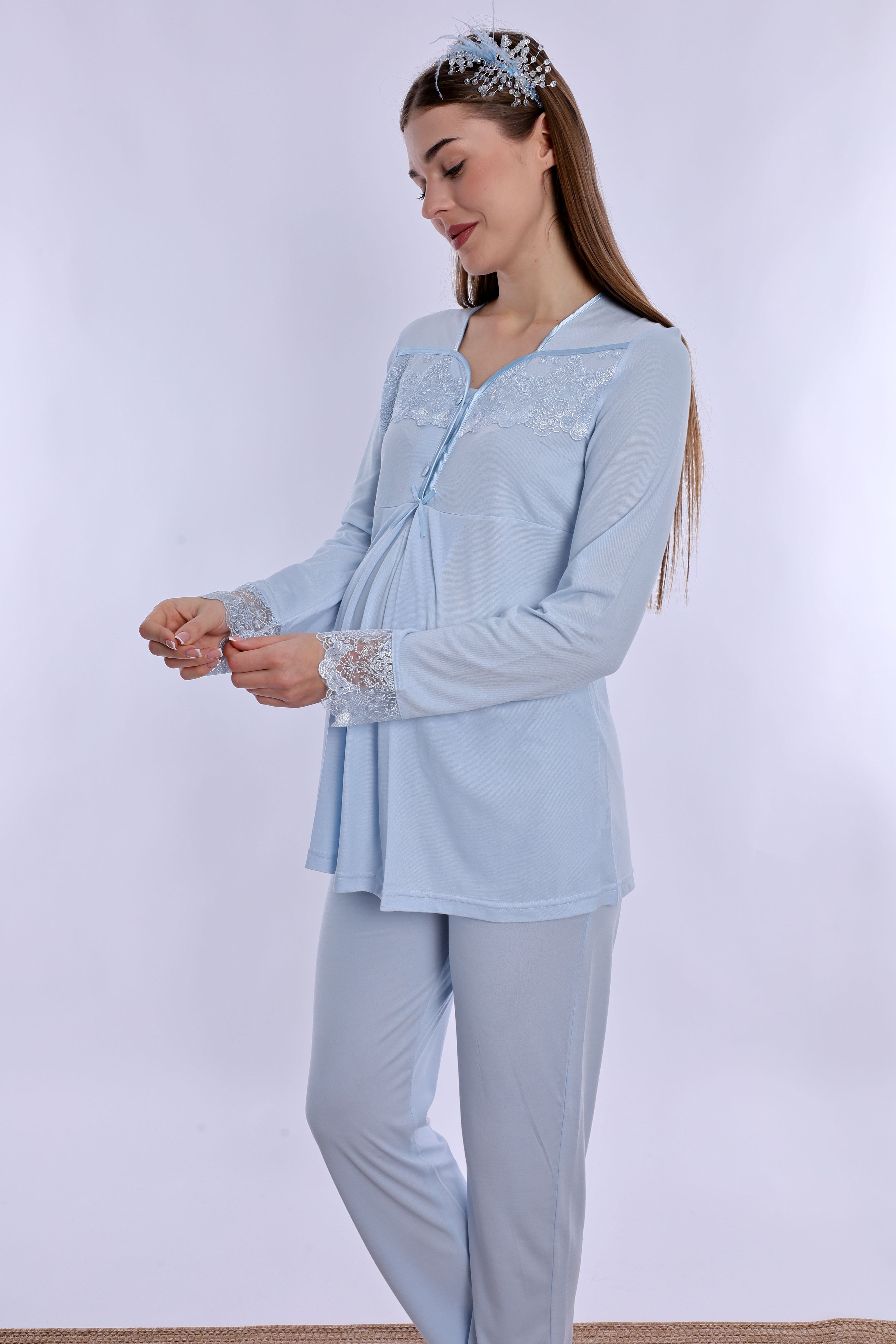240822 Ayarlanabilir Bel Lastikli Pamuklu Hamile Pijama Takımı  - Mavi