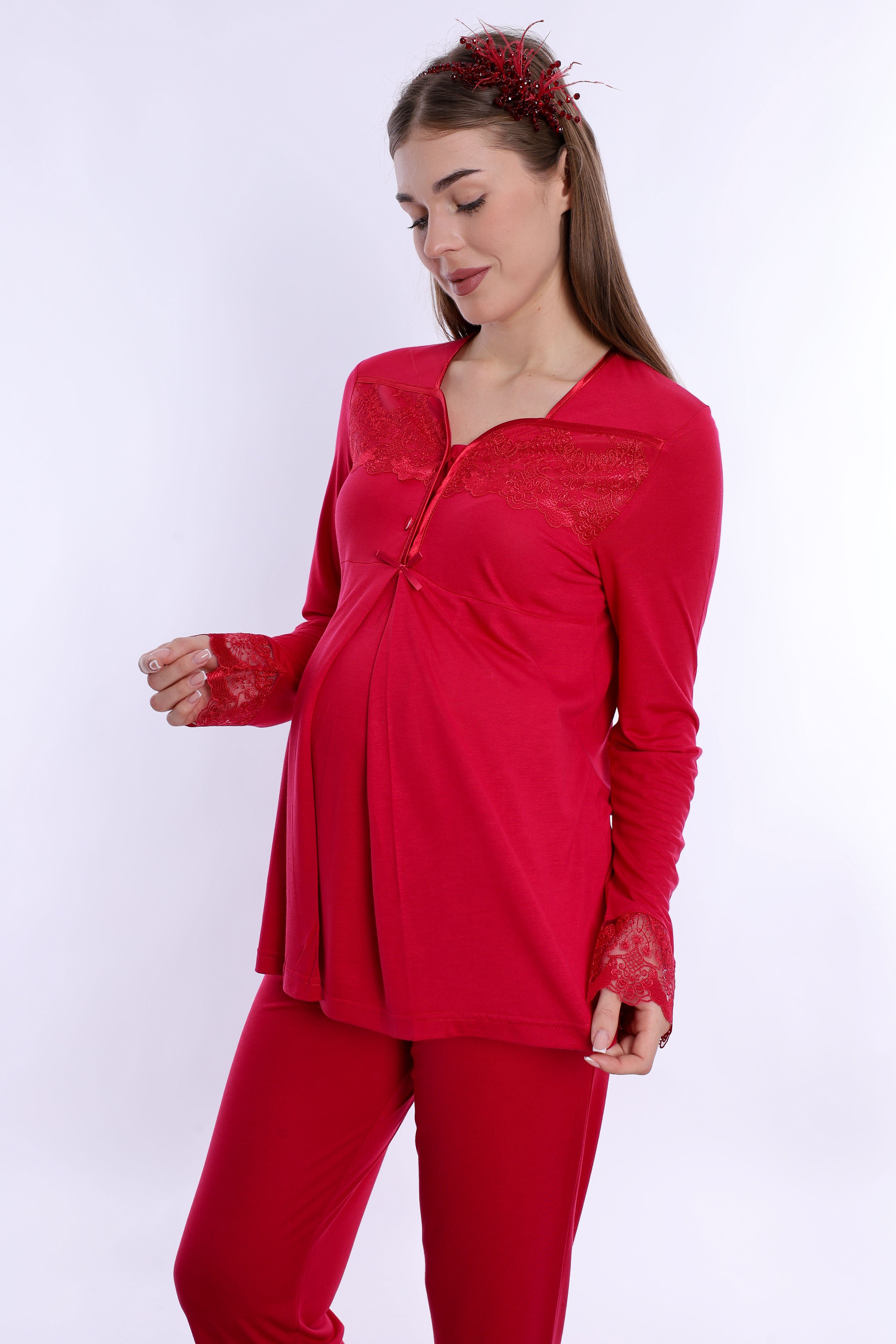 240822 Ayarlanabilir Bel Lastikli Pamuklu Hamile Pijama Takımı  - Vişne