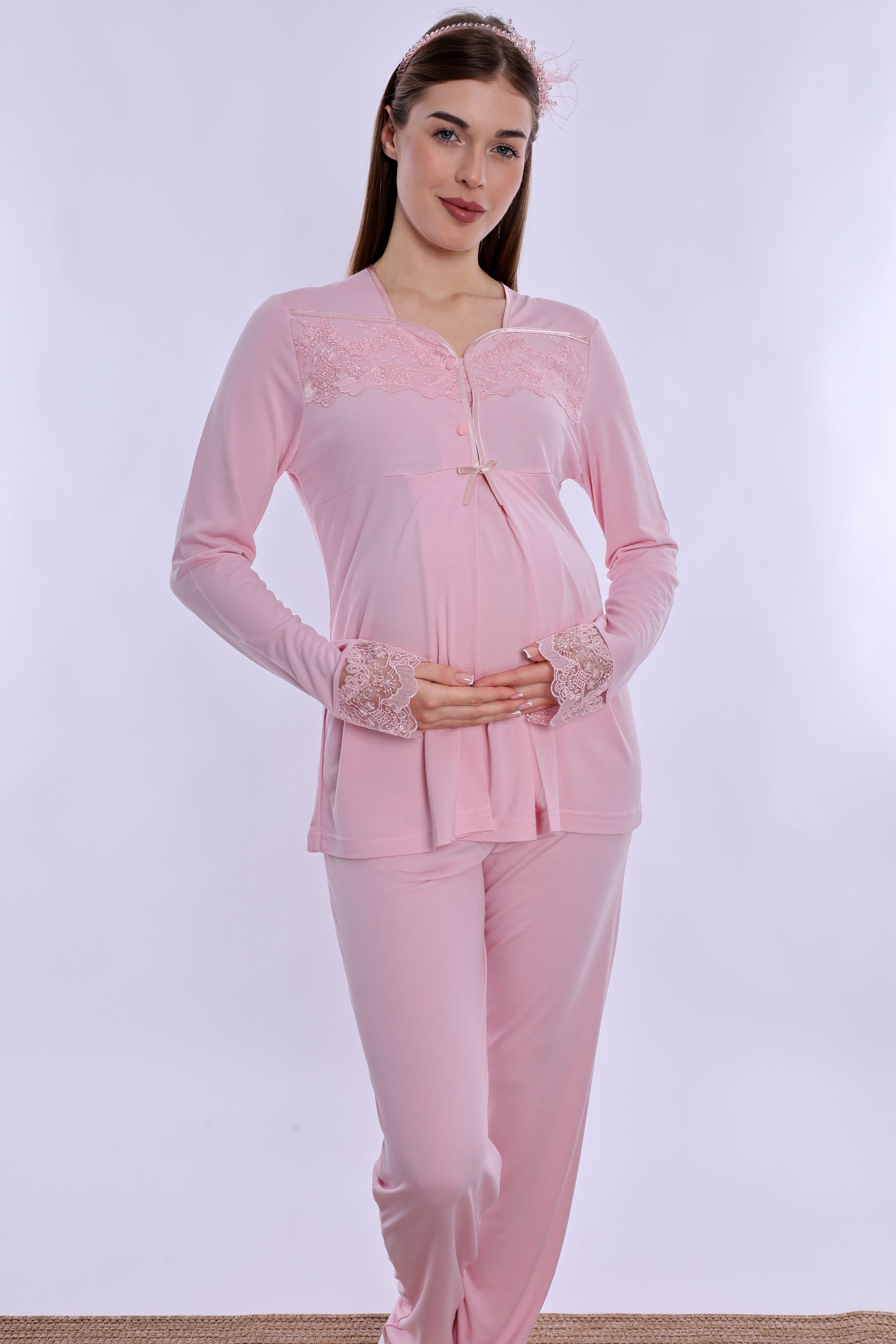240822 Ayarlanabilir Bel Lastikli Pamuklu Hamile Pijama Takımı  - Pembe