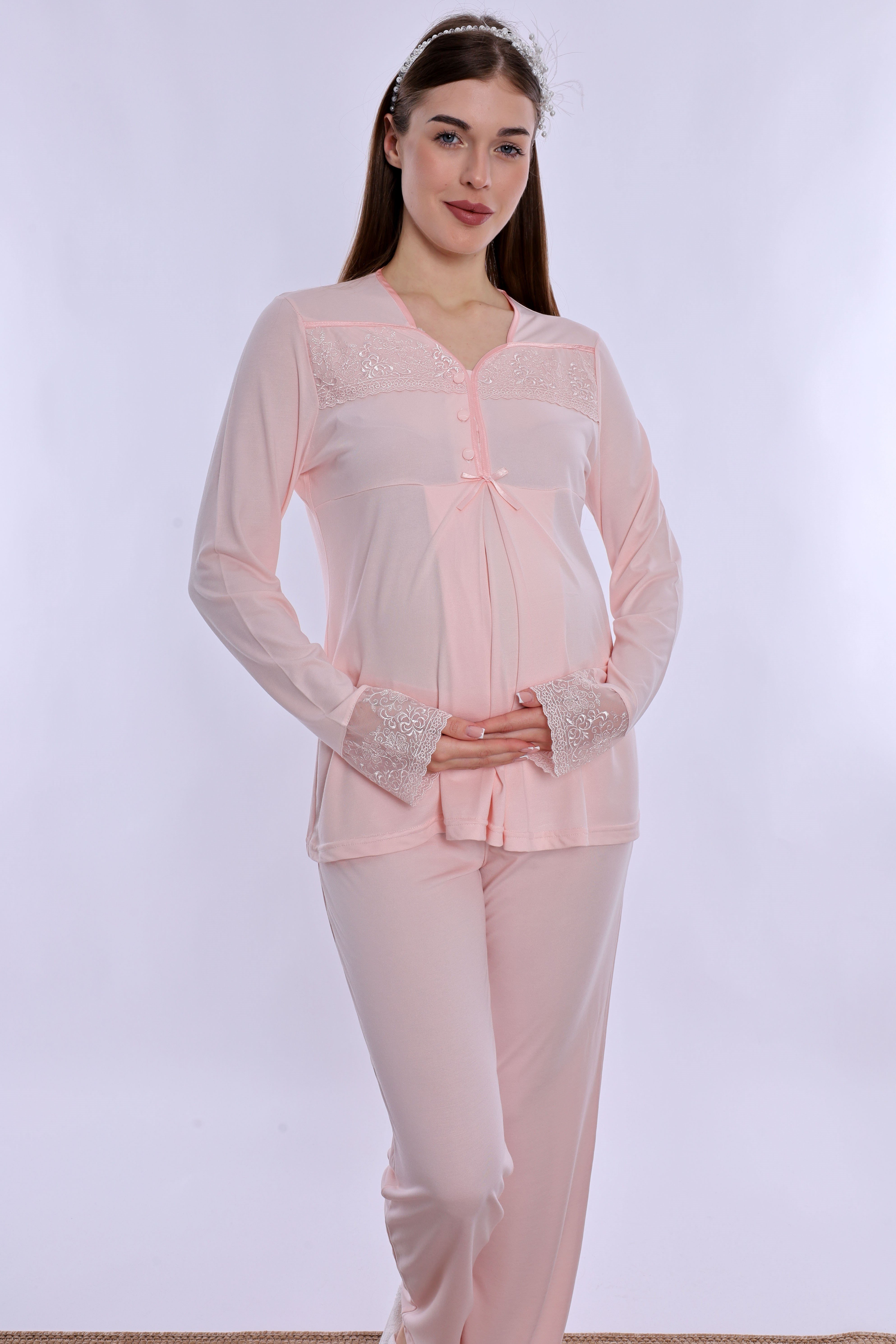 240822 Ayarlanabilir Bel Lastikli Pamuklu Hamile Pijama Takımı  - Pudra