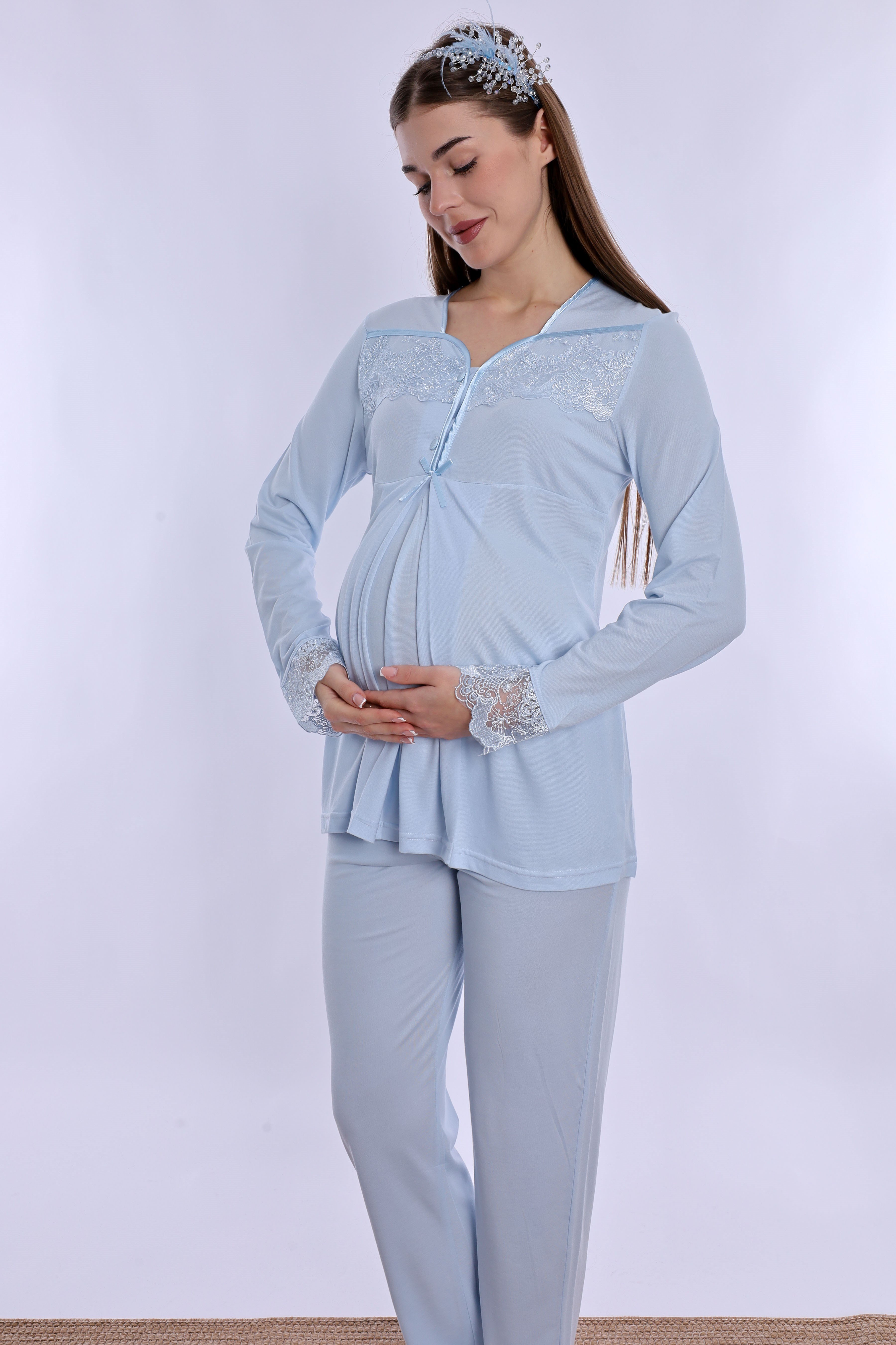 240822 Ayarlanabilir Bel Lastikli Pamuklu Hamile Pijama Takımı  - Mavi