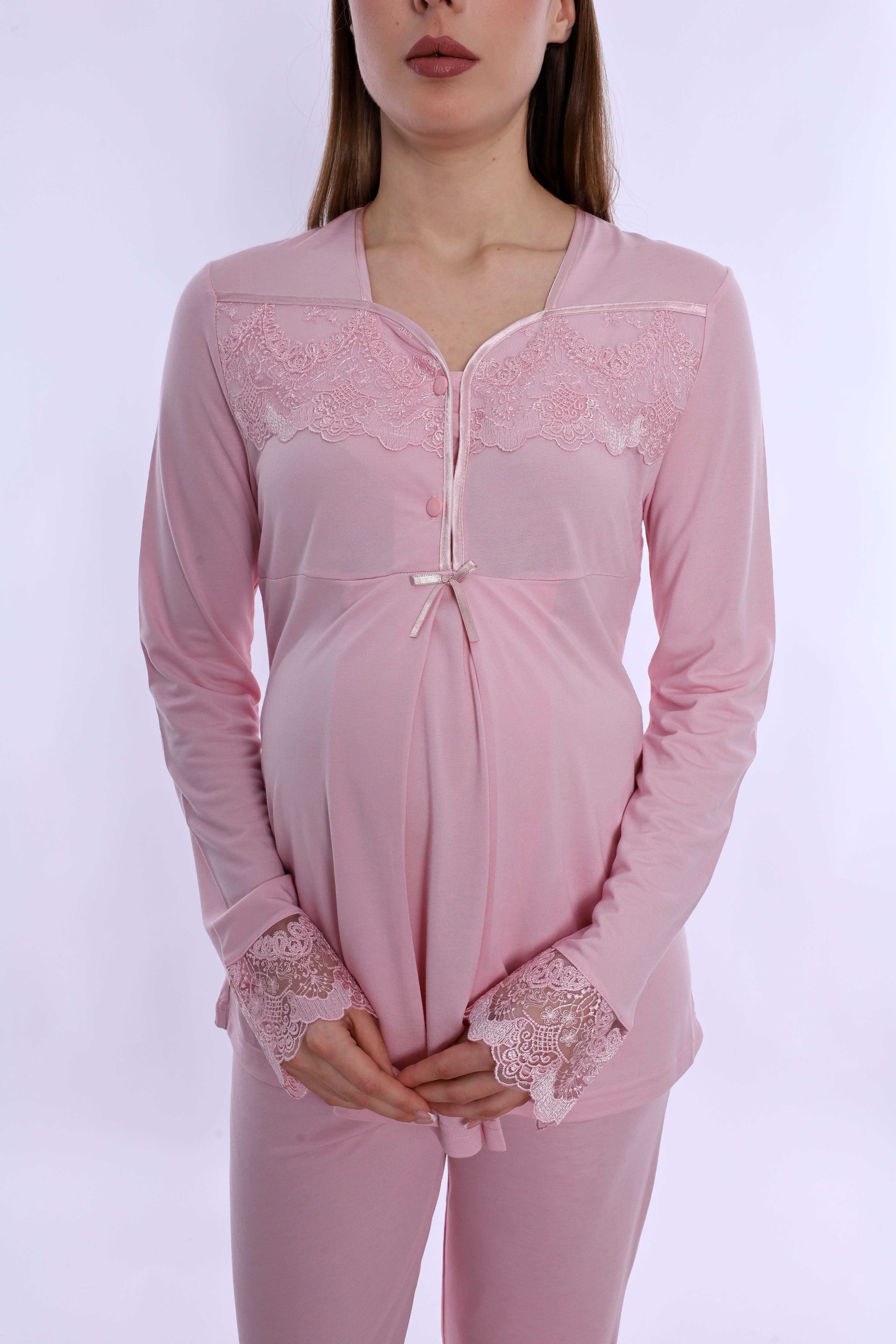 240822 Ayarlanabilir Bel Lastikli Pamuklu Hamile Pijama Takımı  - Pembe