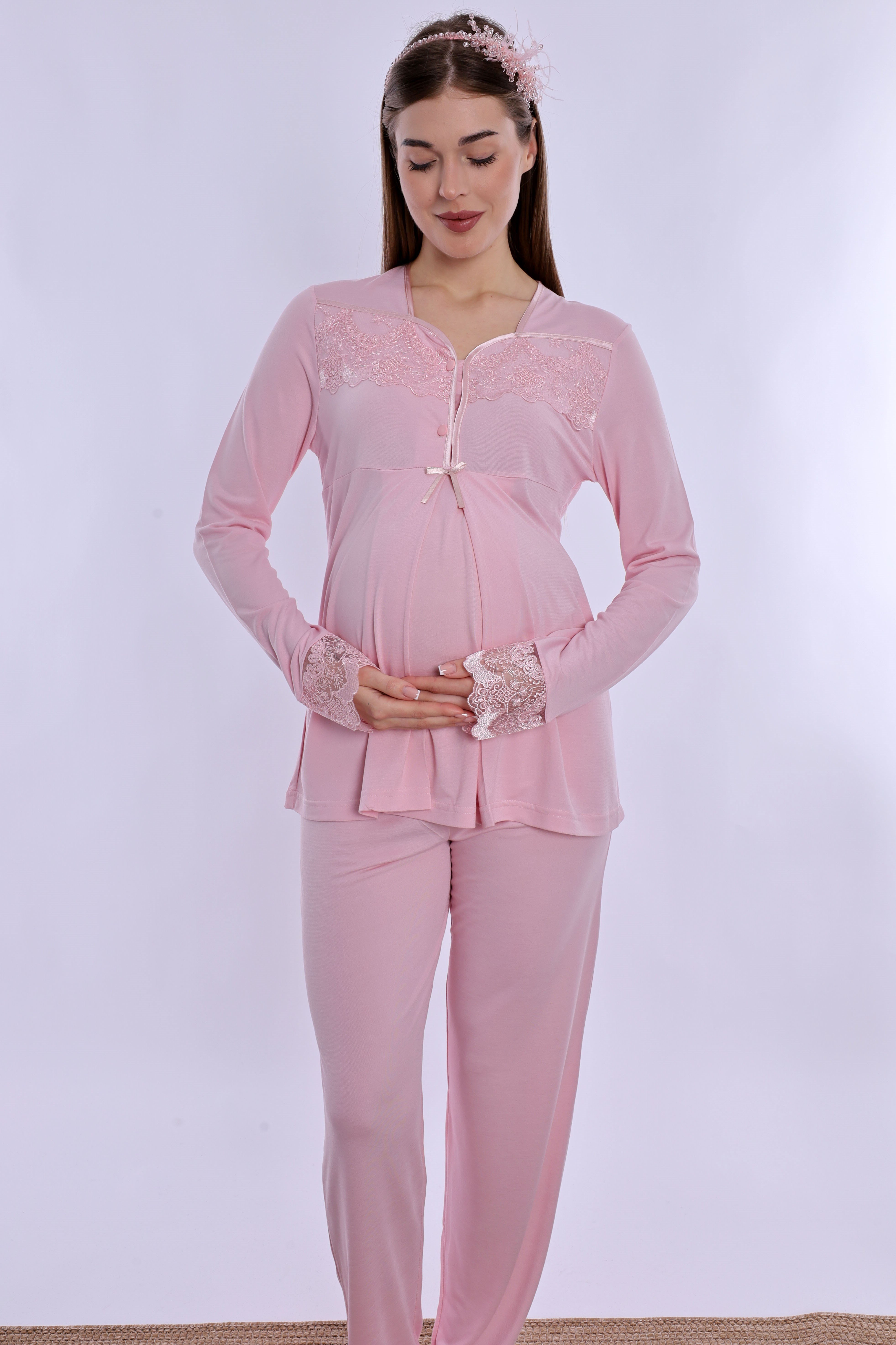240822 Ayarlanabilir Bel Lastikli Pamuklu Hamile Pijama Takımı  - Pembe
