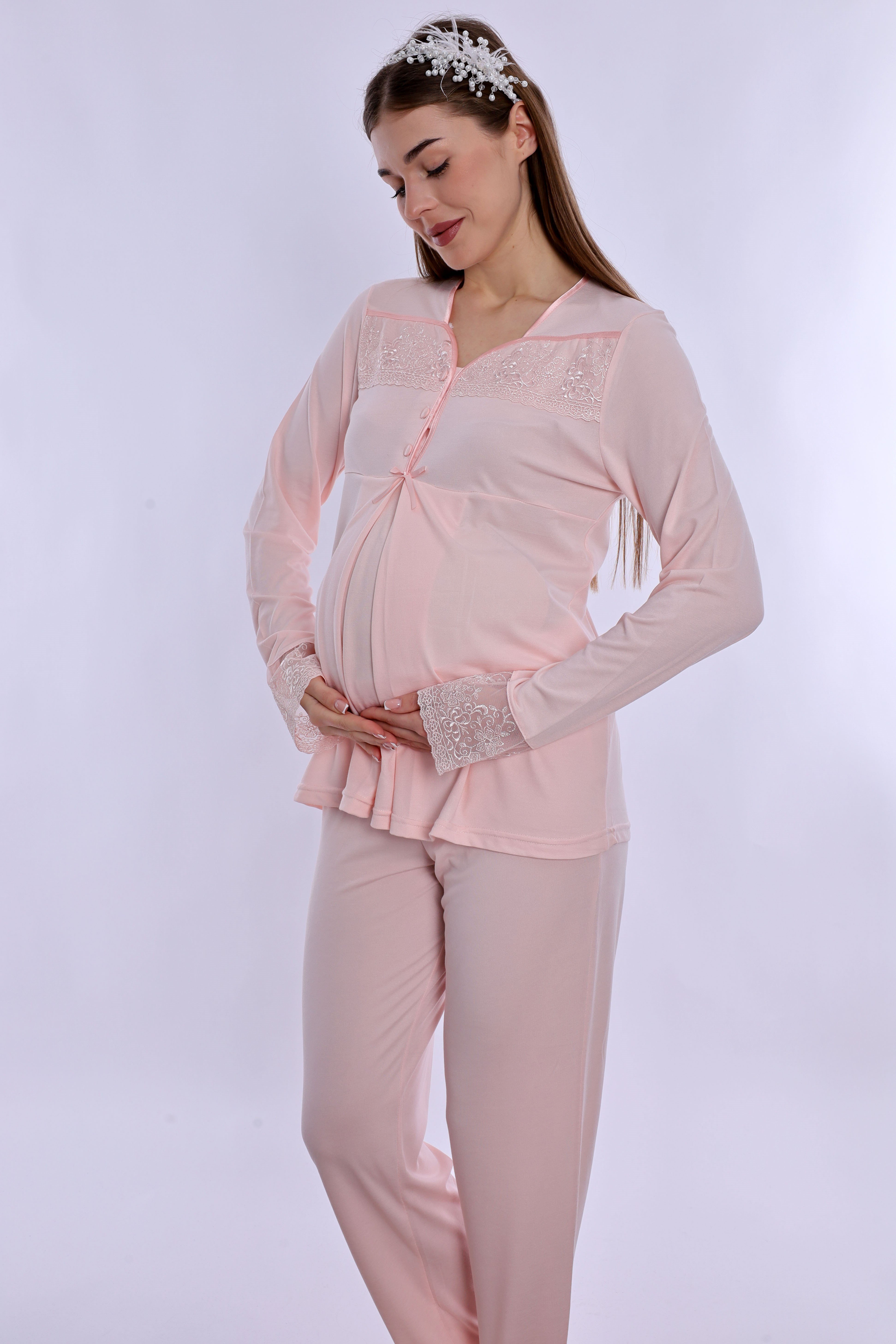 240822 Ayarlanabilir Bel Lastikli Pamuklu Hamile Pijama Takımı  - Pudra
