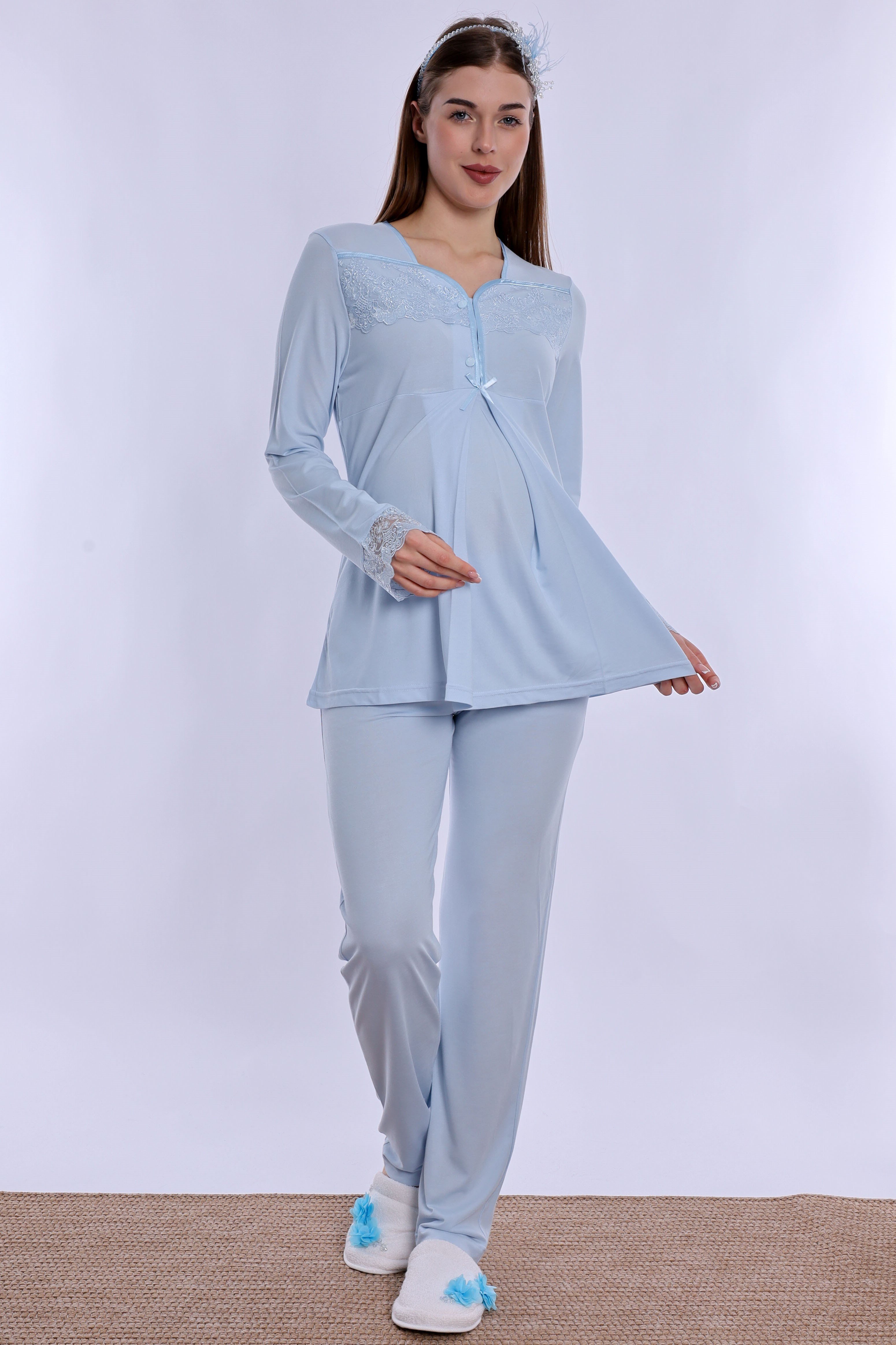 240822 Ayarlanabilir Bel Lastikli Pamuklu Hamile Pijama Takımı  - Mavi