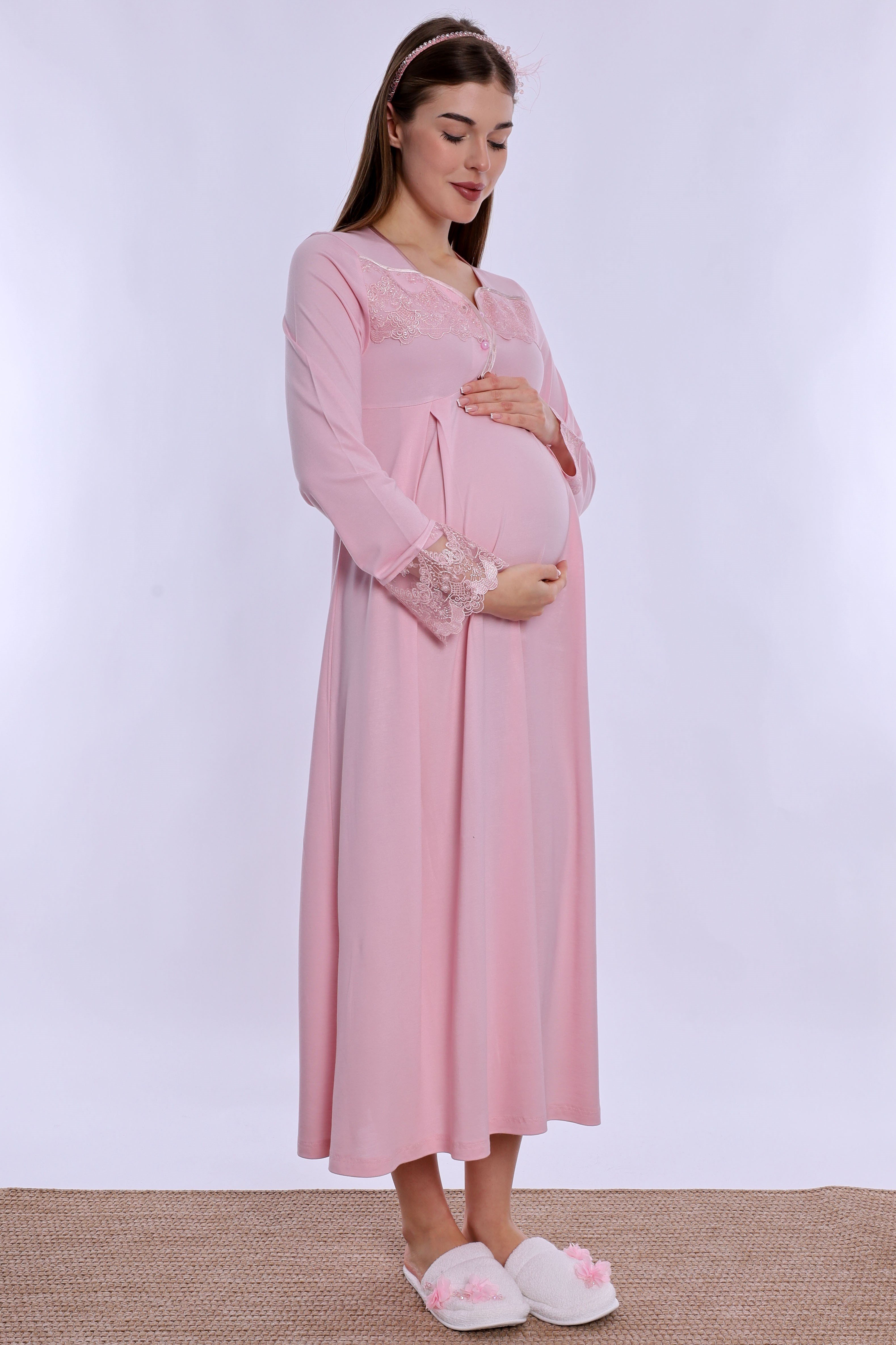 240832 Anne Konforu Emzirme Özellikli Hamile Lohusa Gecelik  - Pembe
