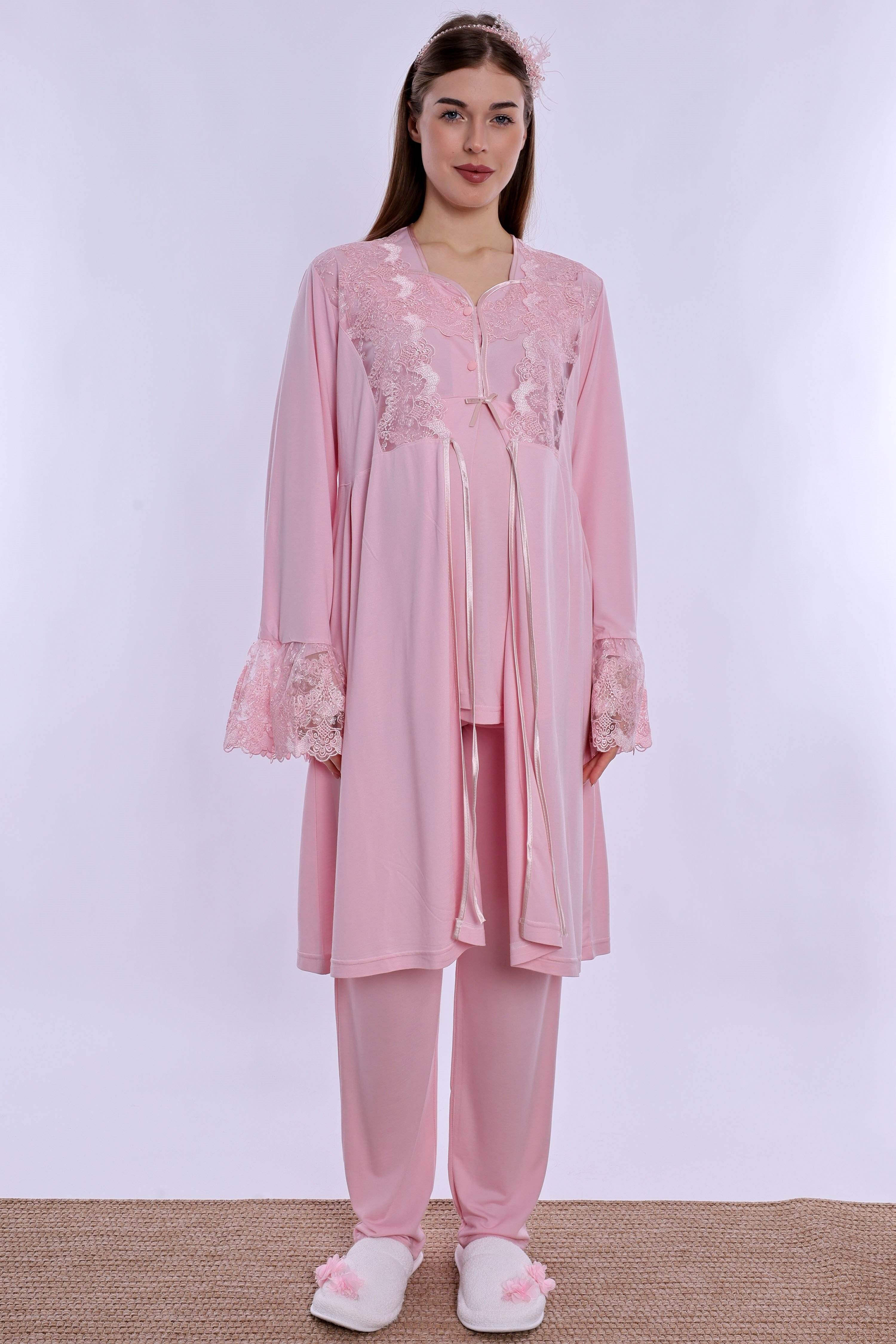 240842 Emzirme Özellikli Sabahlıklı Hamile Lohusa Pijama Takımı  - Pembe