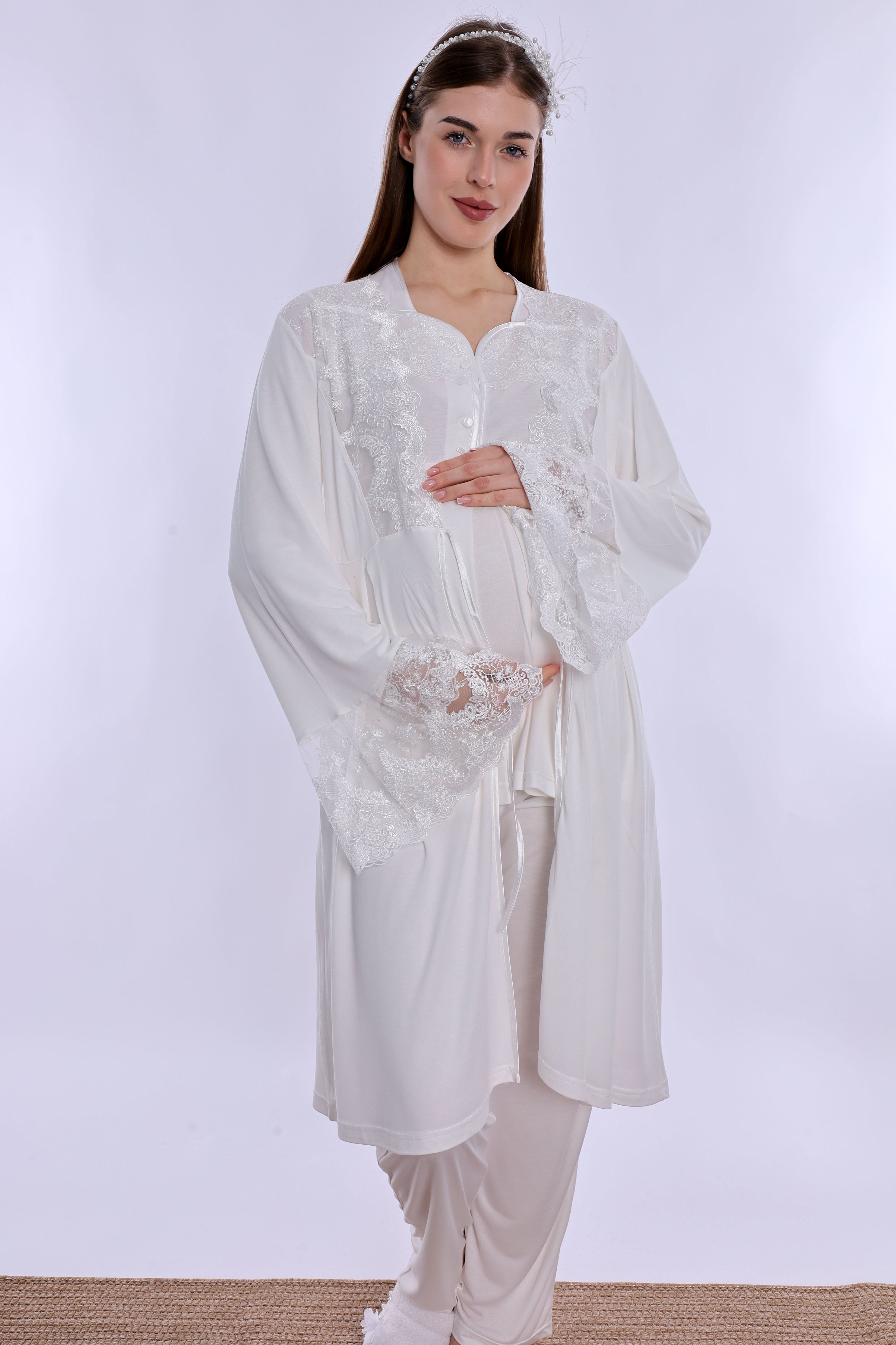 240842 Emzirme Özellikli Sabahlıklı Hamile Lohusa Pijama Takımı  - Ekru