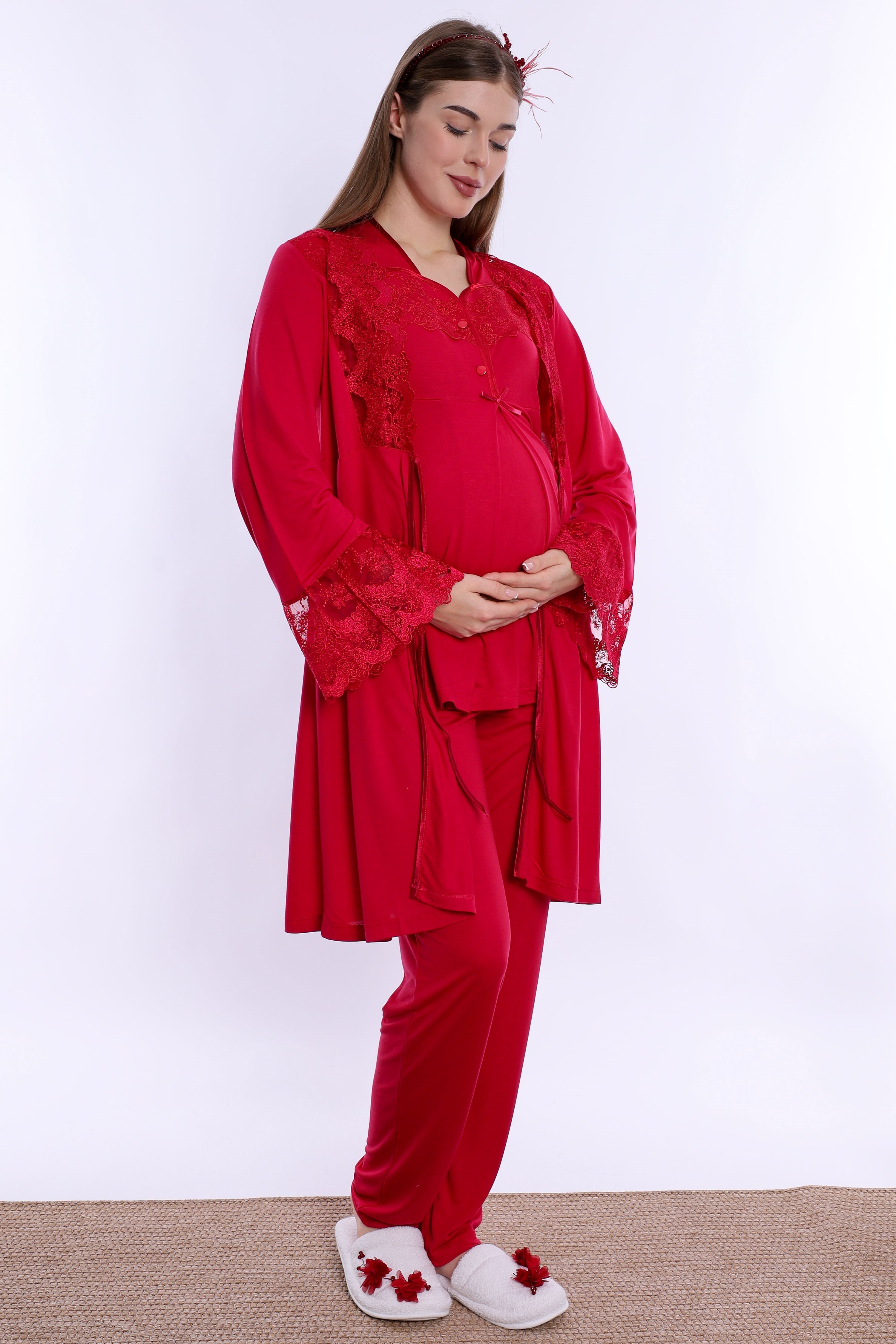 240842 Emzirme Özellikli Sabahlıklı Hamile Lohusa Pijama Takımı  - Vişne