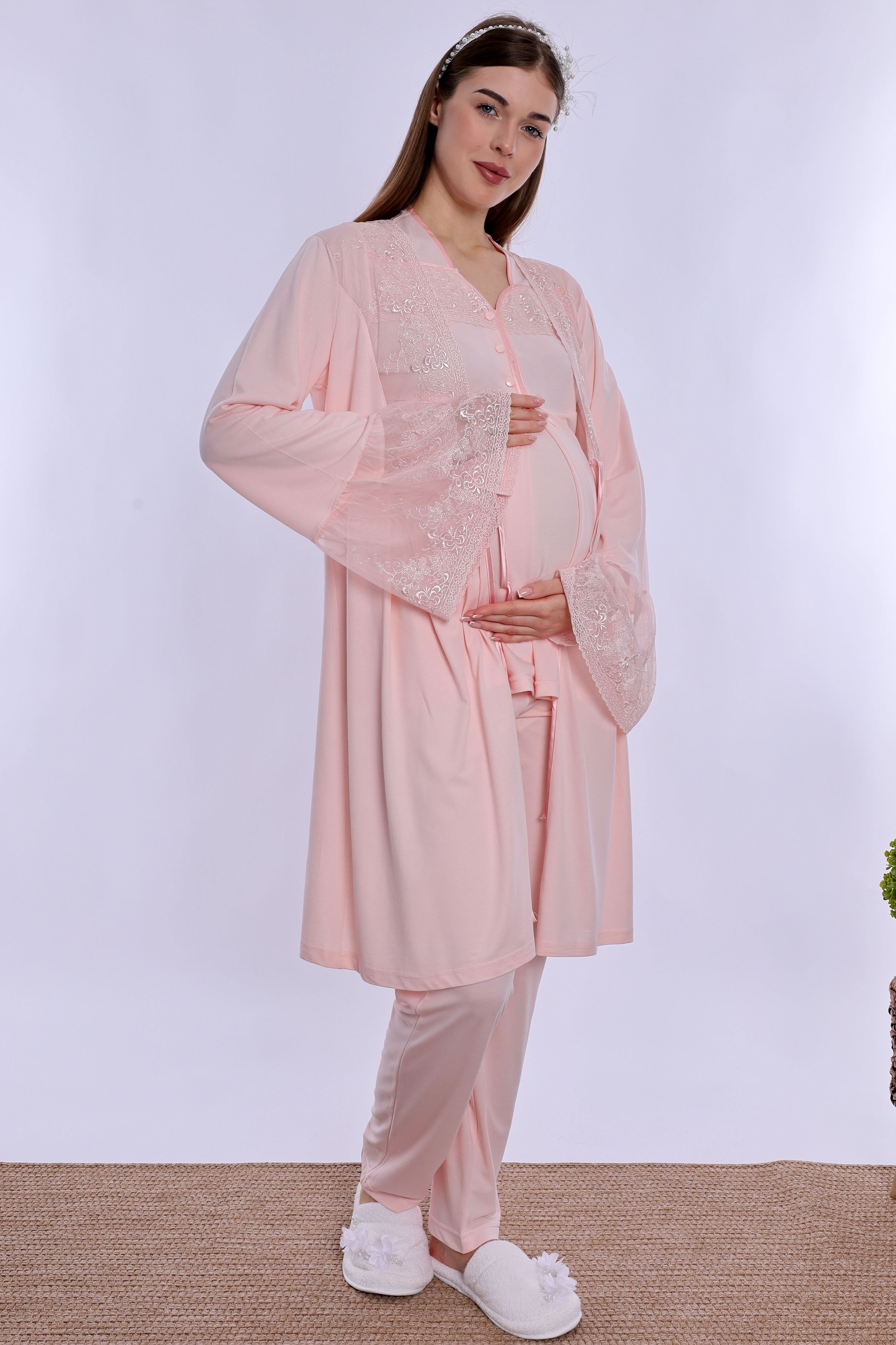 240842 Emzirme Özellikli Sabahlıklı Hamile Lohusa Pijama Takımı  - Pudra