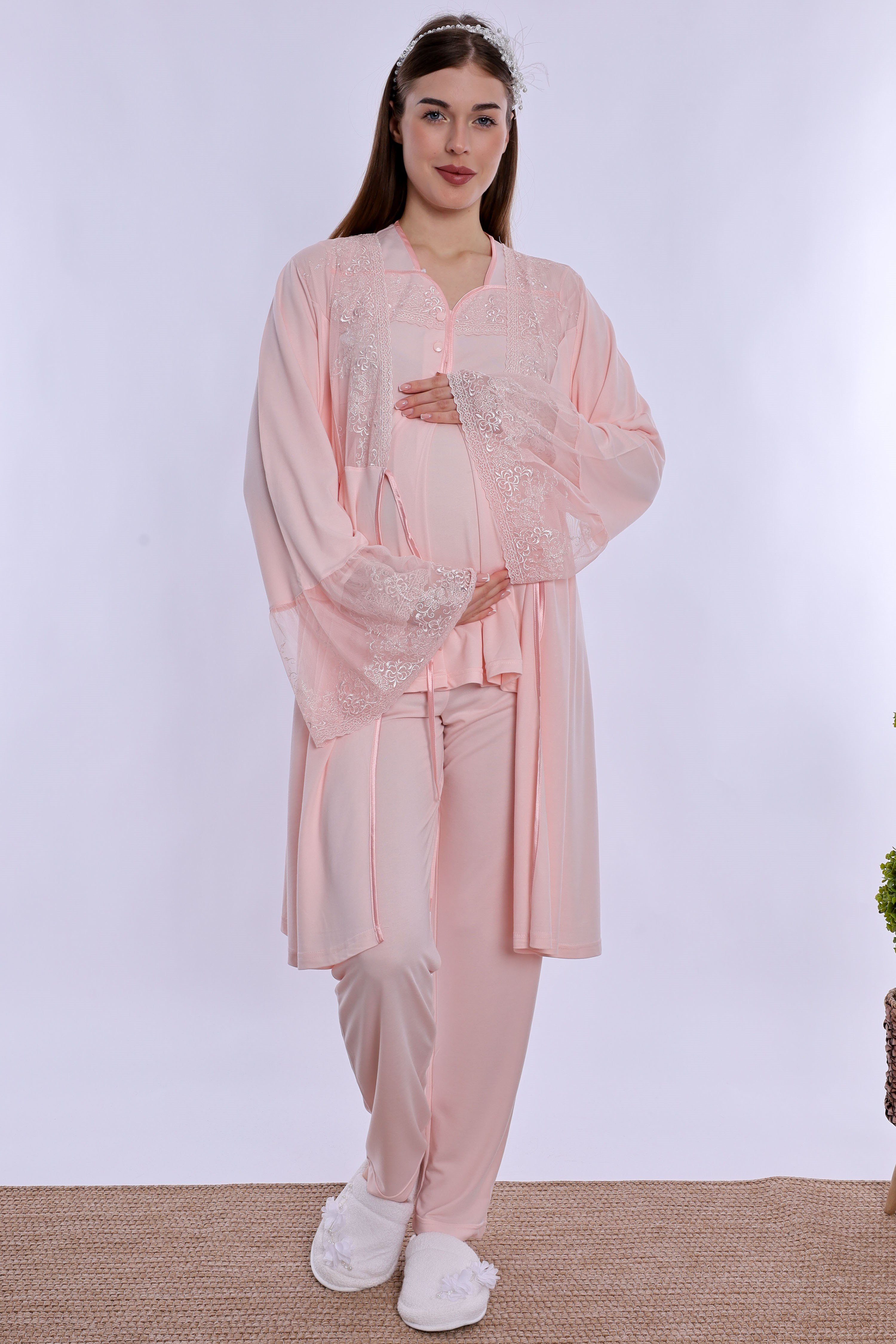 240842 Emzirme Özellikli Sabahlıklı Hamile Lohusa Pijama Takımı  - Pudra