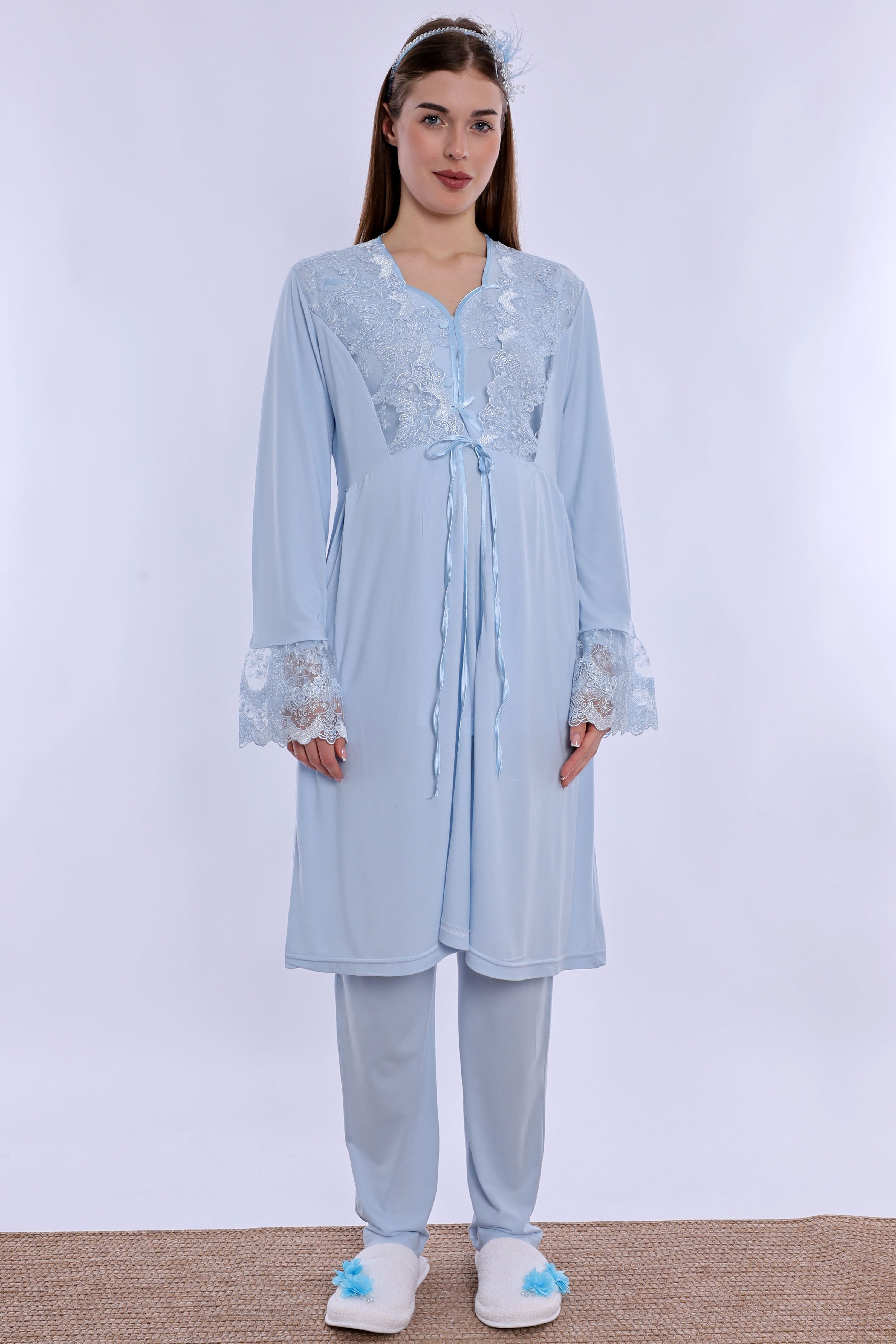240842 Emzirme Özellikli Sabahlıklı Hamile Lohusa Pijama Takımı  - Mavi
