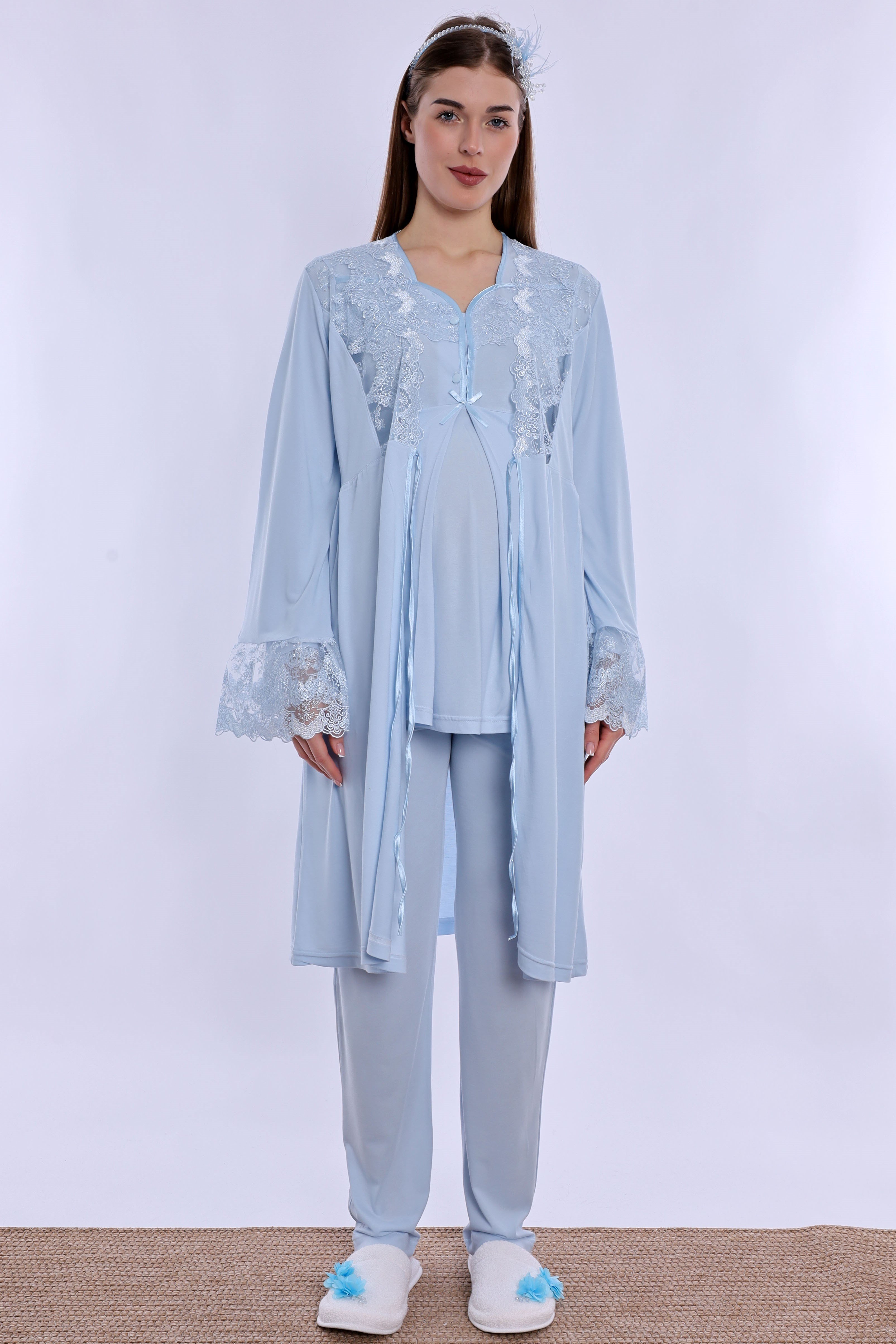 240842 Emzirme Özellikli Sabahlıklı Hamile Lohusa Pijama Takımı  - Mavi