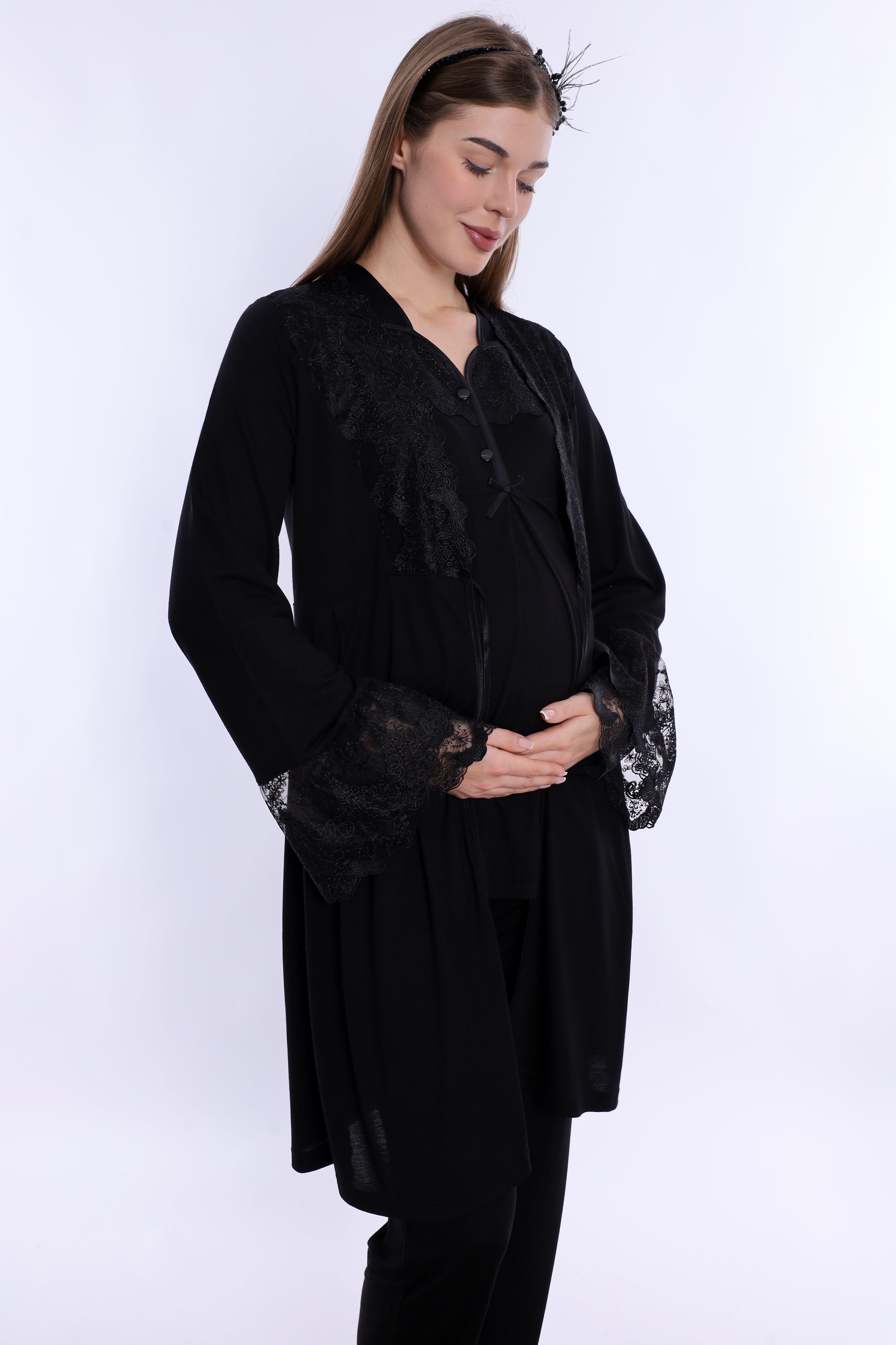 240842 Emzirme Özellikli Sabahlıklı Hamile Lohusa Pijama Takımı  - Siyah