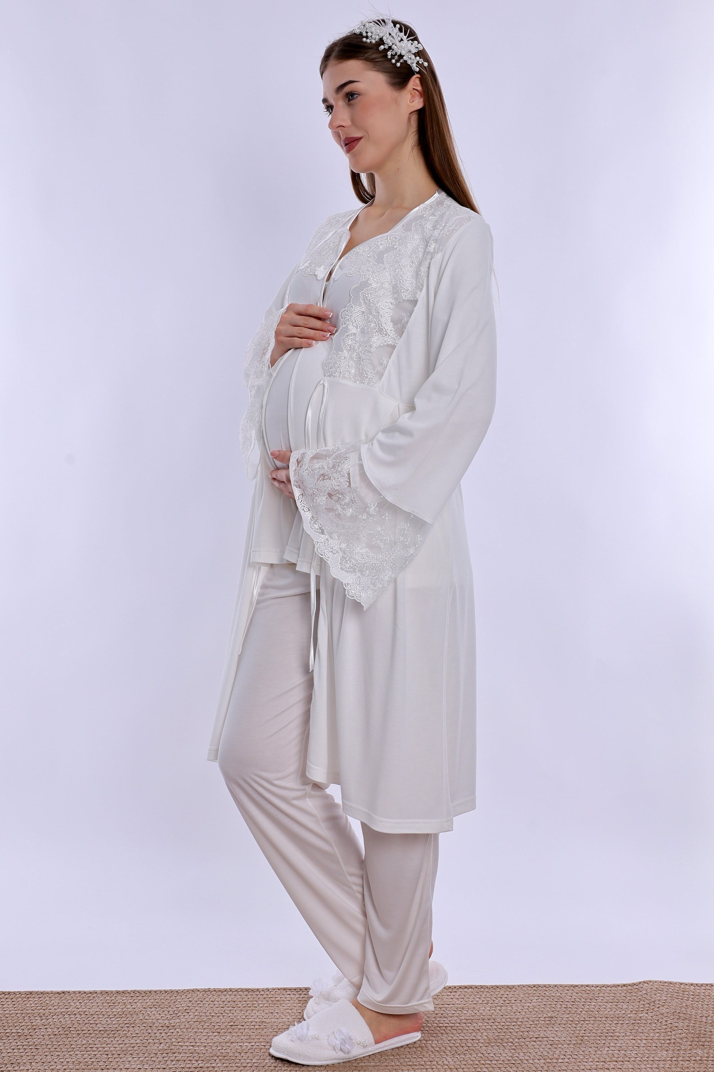 240842 Emzirme Özellikli Sabahlıklı Hamile Lohusa Pijama Takımı  - Ekru
