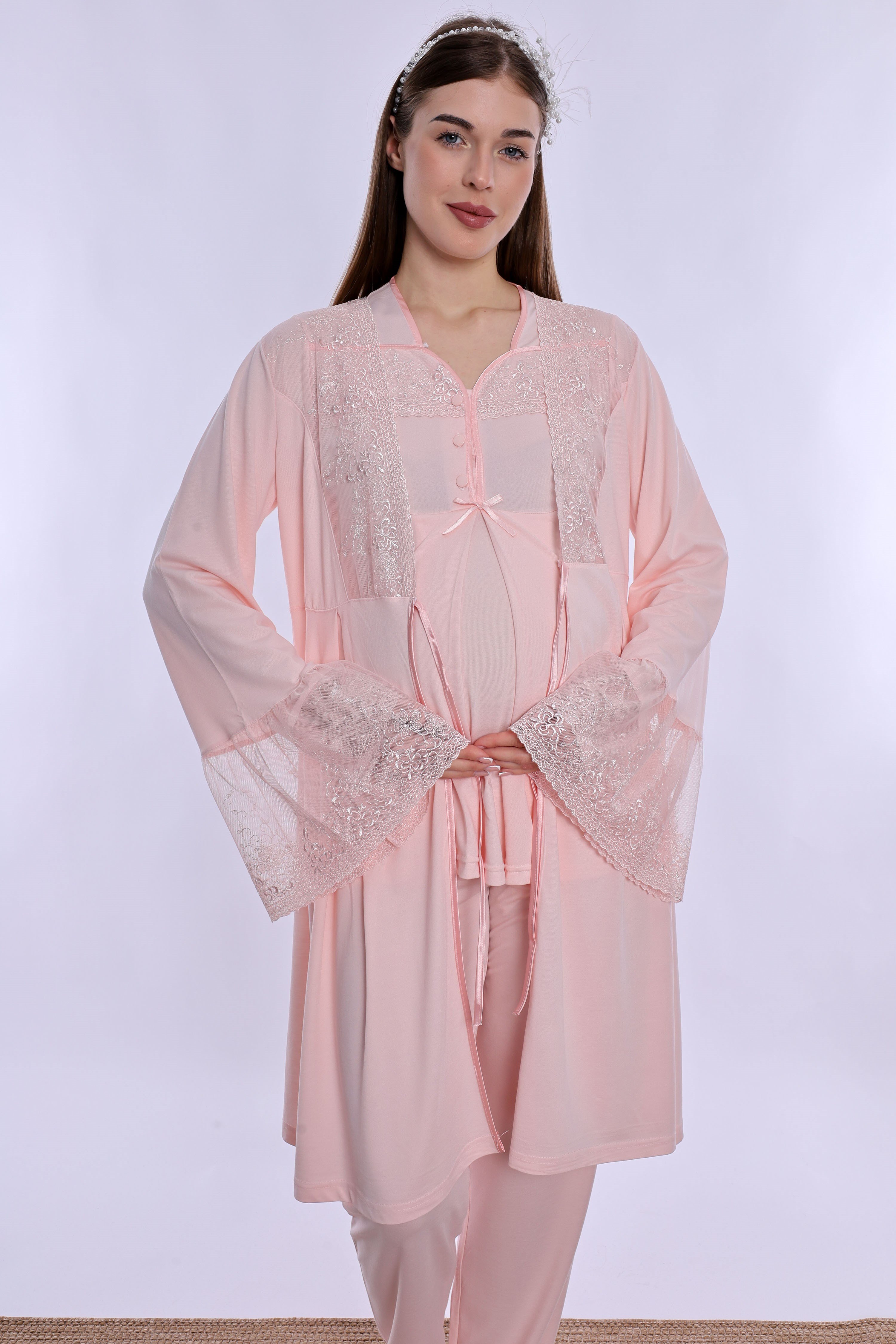 240842 Emzirme Özellikli Sabahlıklı Hamile Lohusa Pijama Takımı  - Pudra