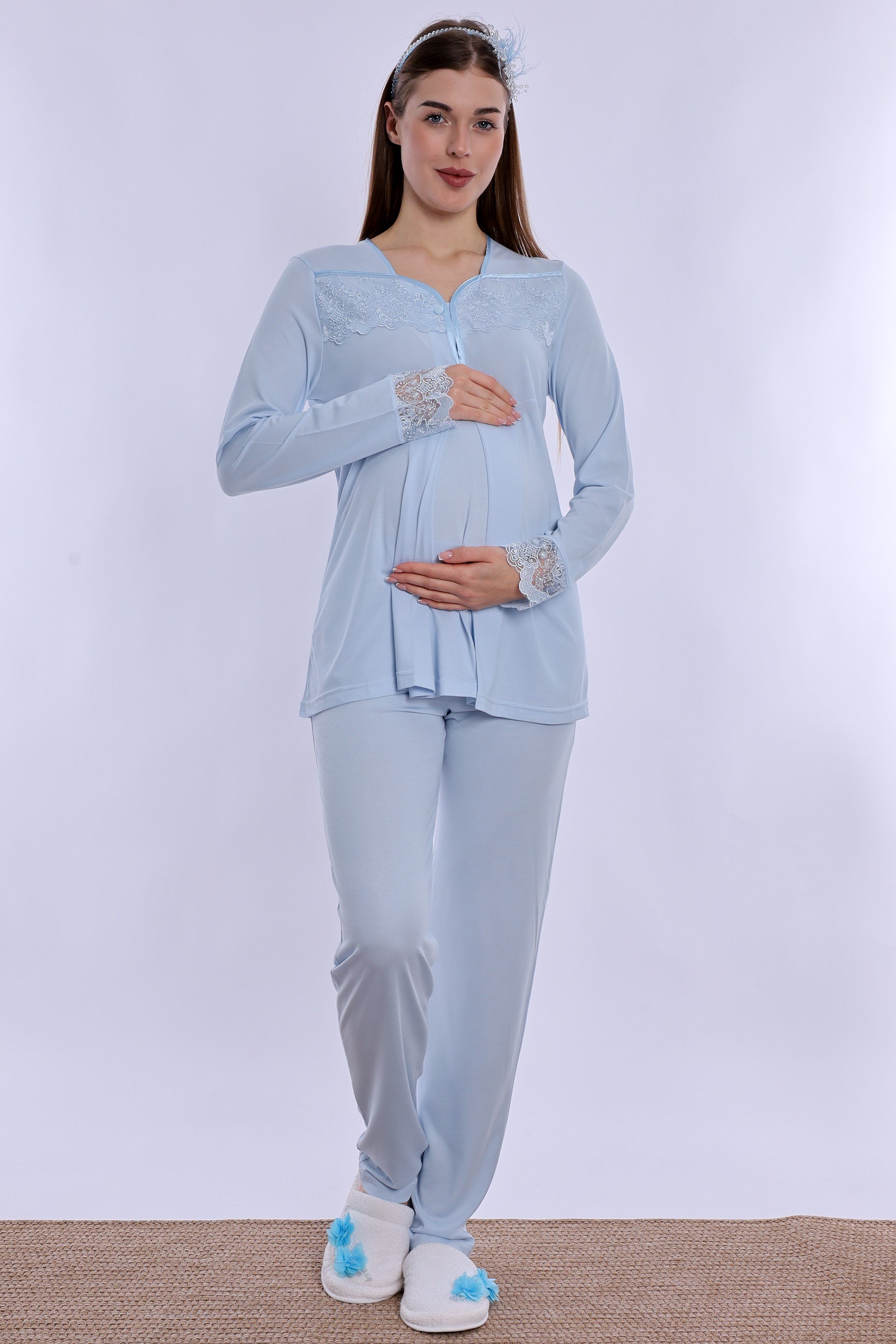 240842 Emzirme Özellikli Sabahlıklı Hamile Lohusa Pijama Takımı  - Mavi