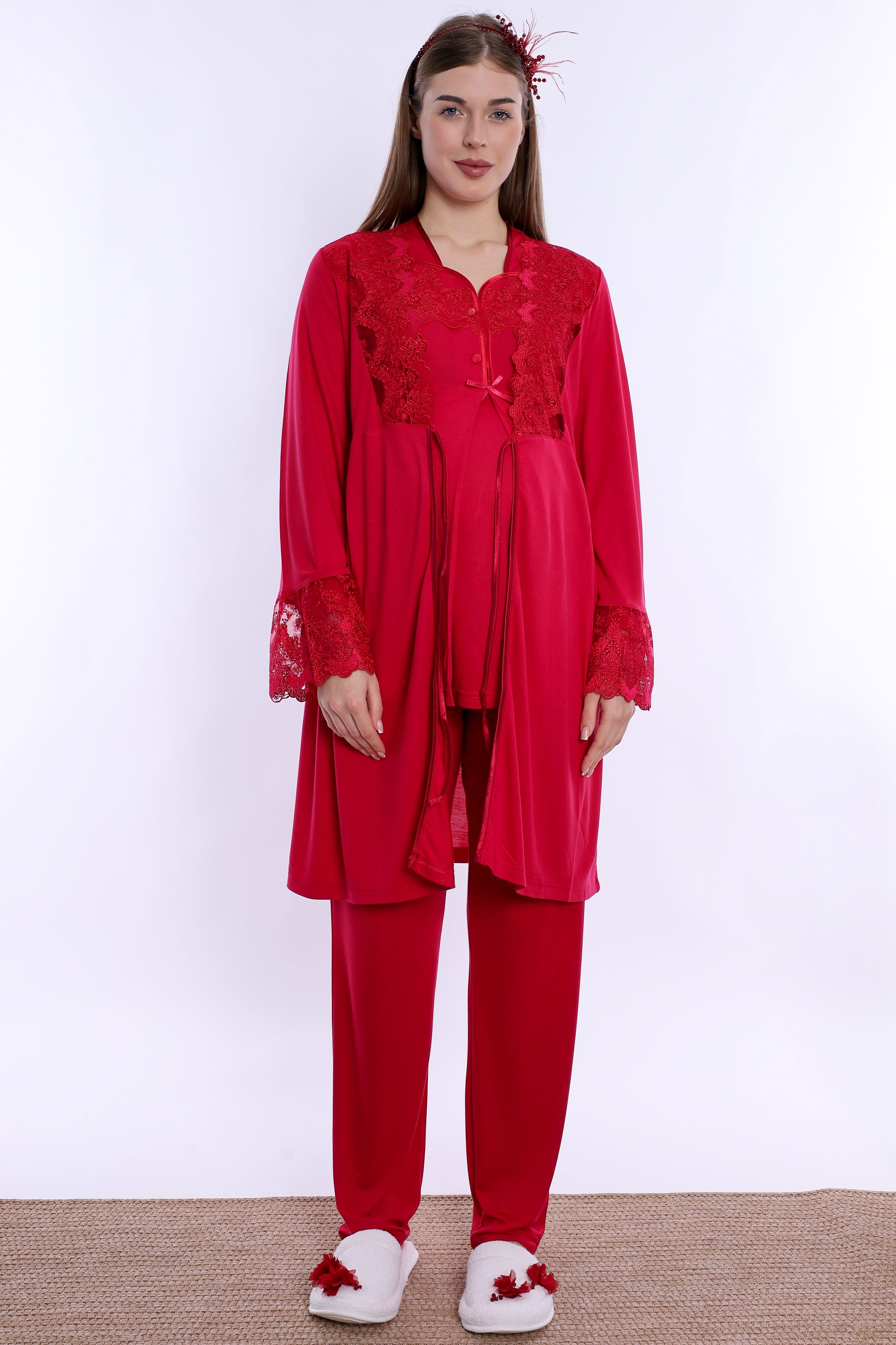 240842 Emzirme Özellikli Sabahlıklı Hamile Lohusa Pijama Takımı  - Vişne