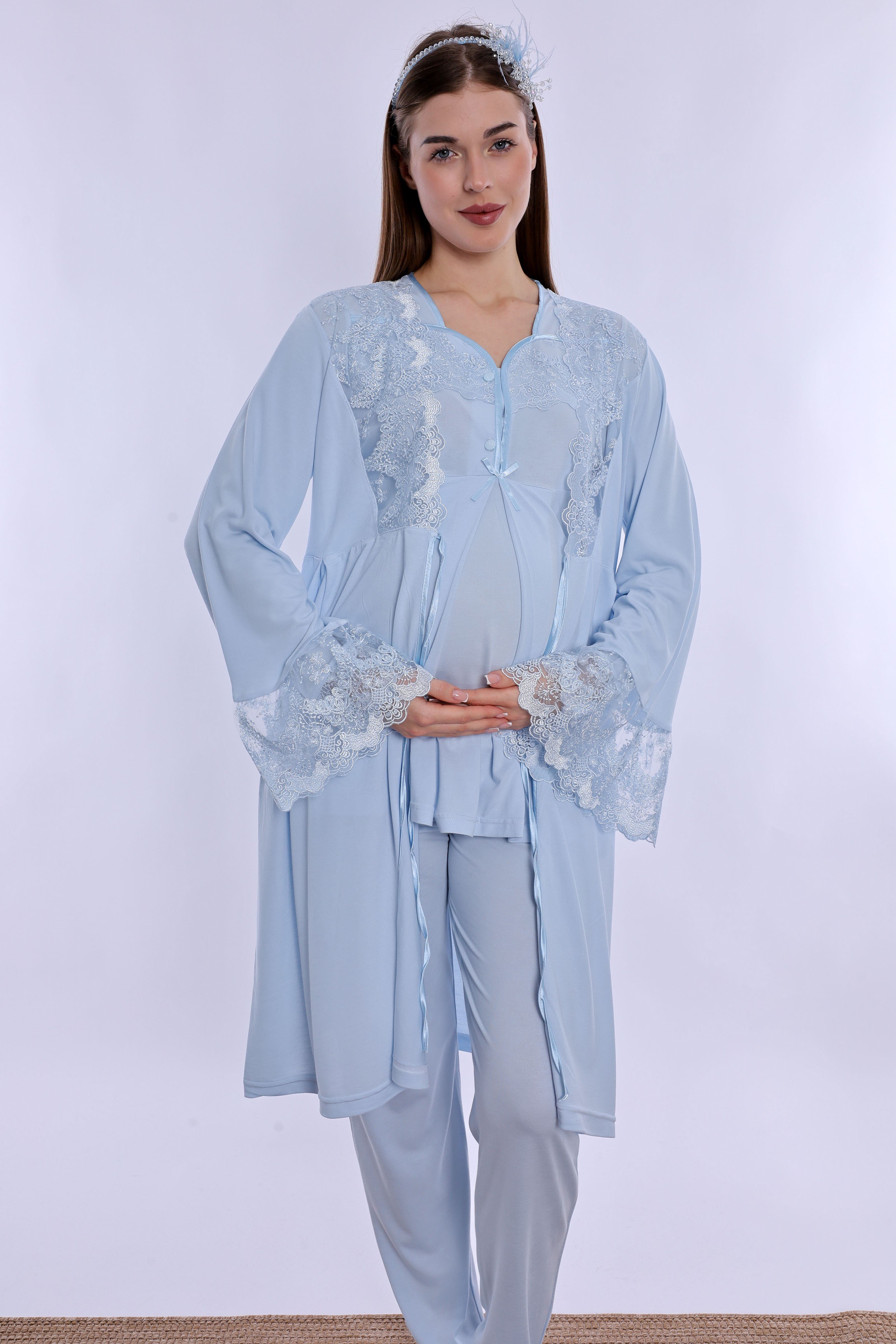 240842 Emzirme Özellikli Sabahlıklı Hamile Lohusa Pijama Takımı  - Mavi