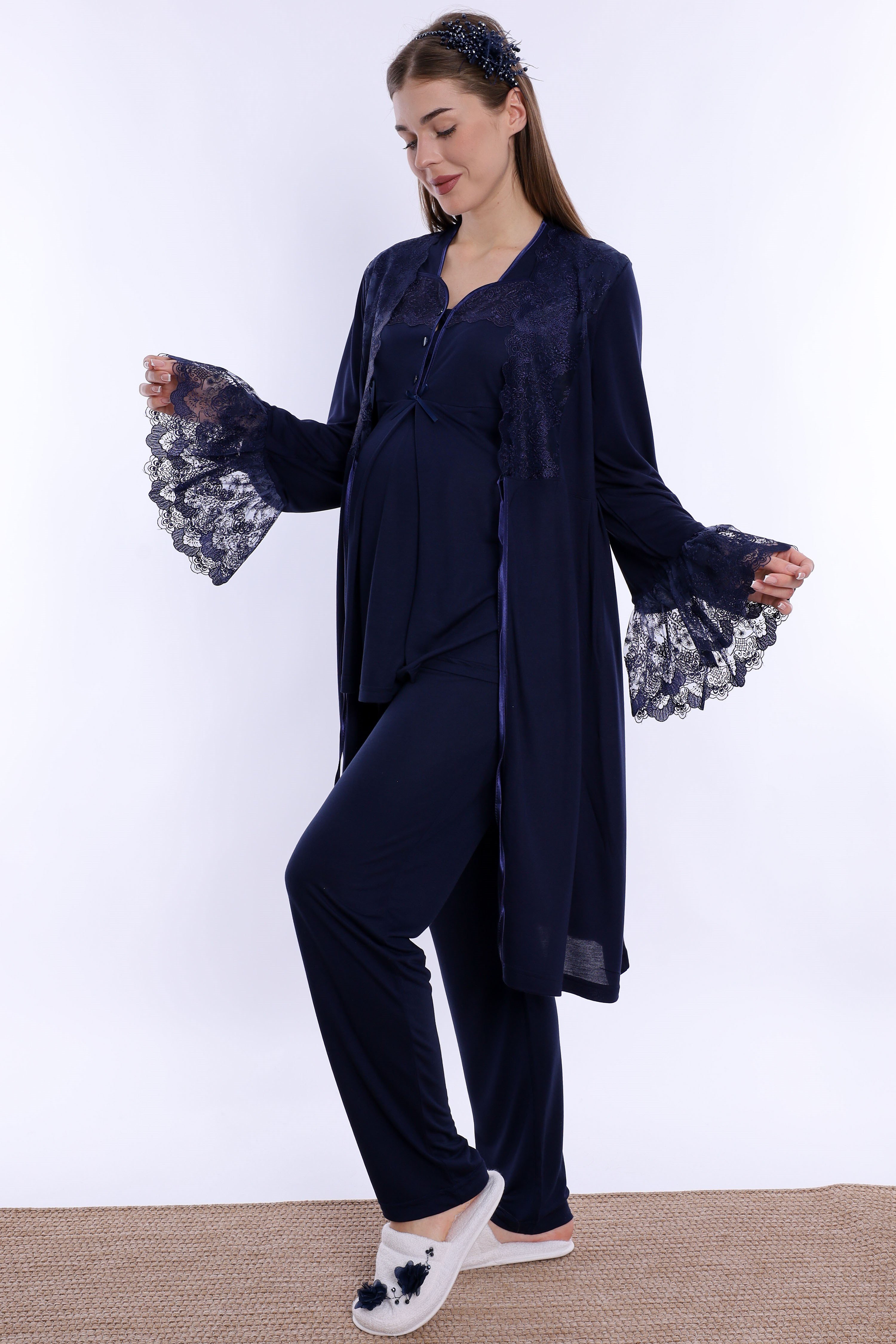 240842 Emzirme Özellikli Sabahlıklı Hamile Lohusa Pijama Takımı  - Lacivert