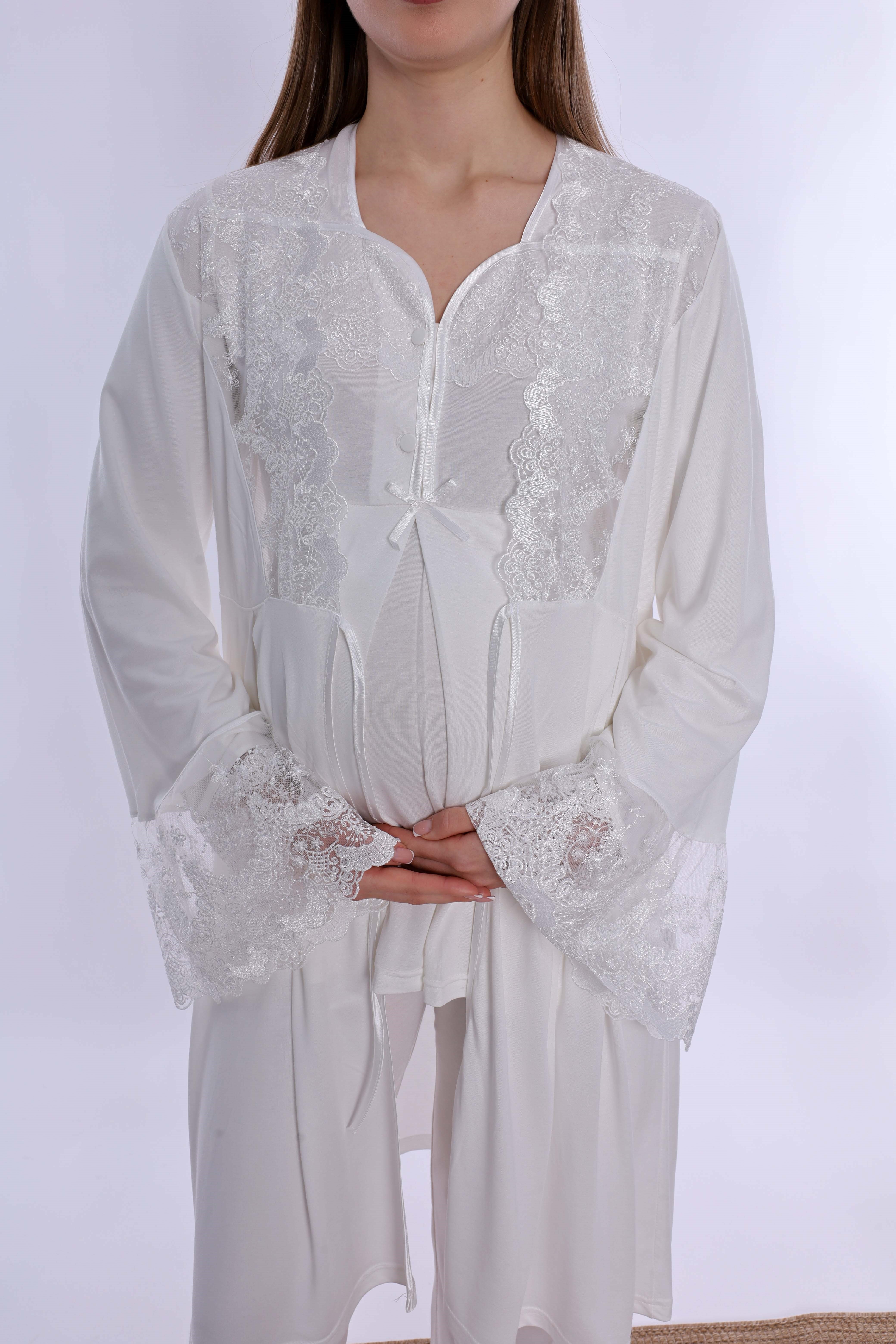 240842 Emzirme Özellikli Sabahlıklı Hamile Lohusa Pijama Takımı  - Ekru