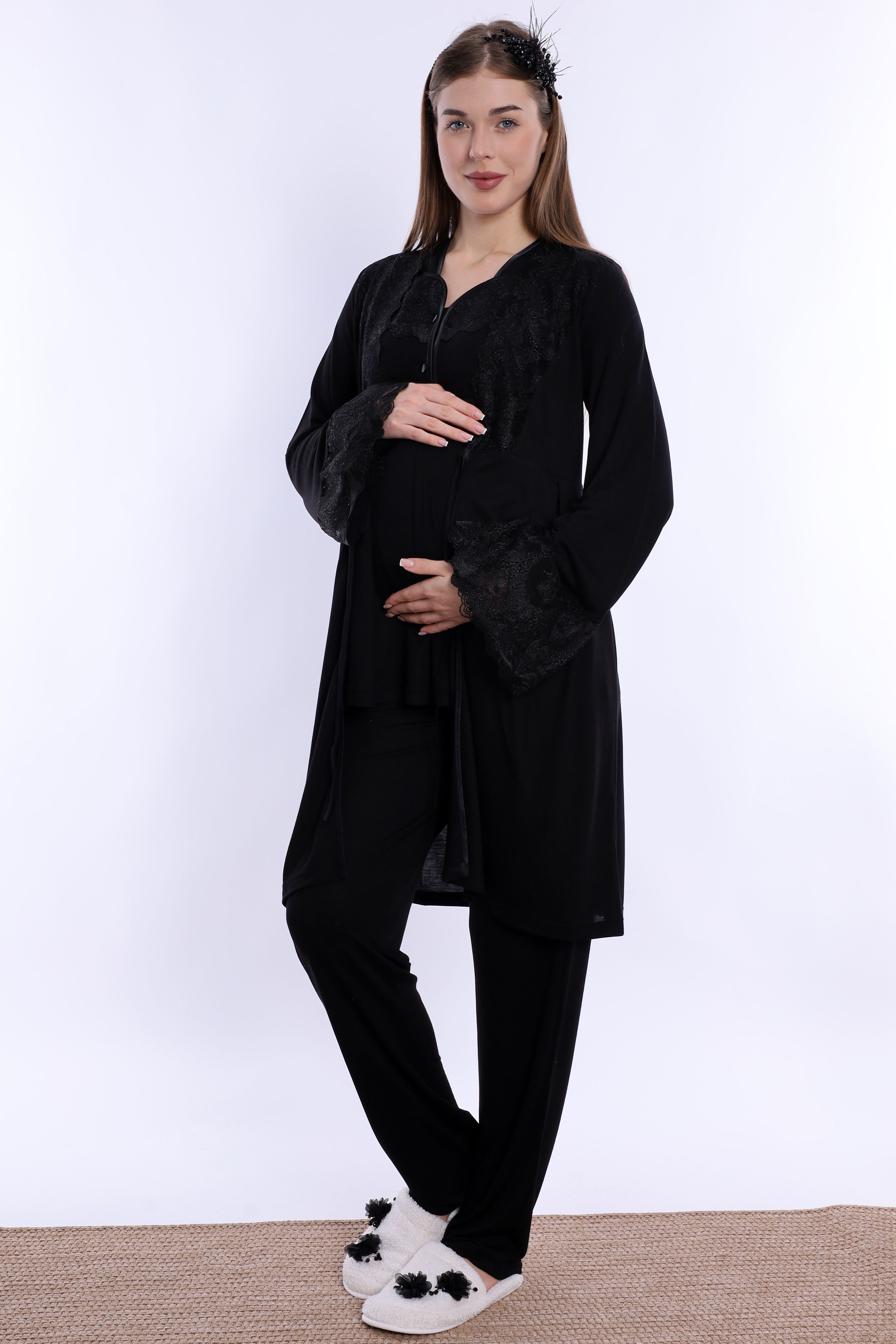 240842 Emzirme Özellikli Sabahlıklı Hamile Lohusa Pijama Takımı  - Siyah