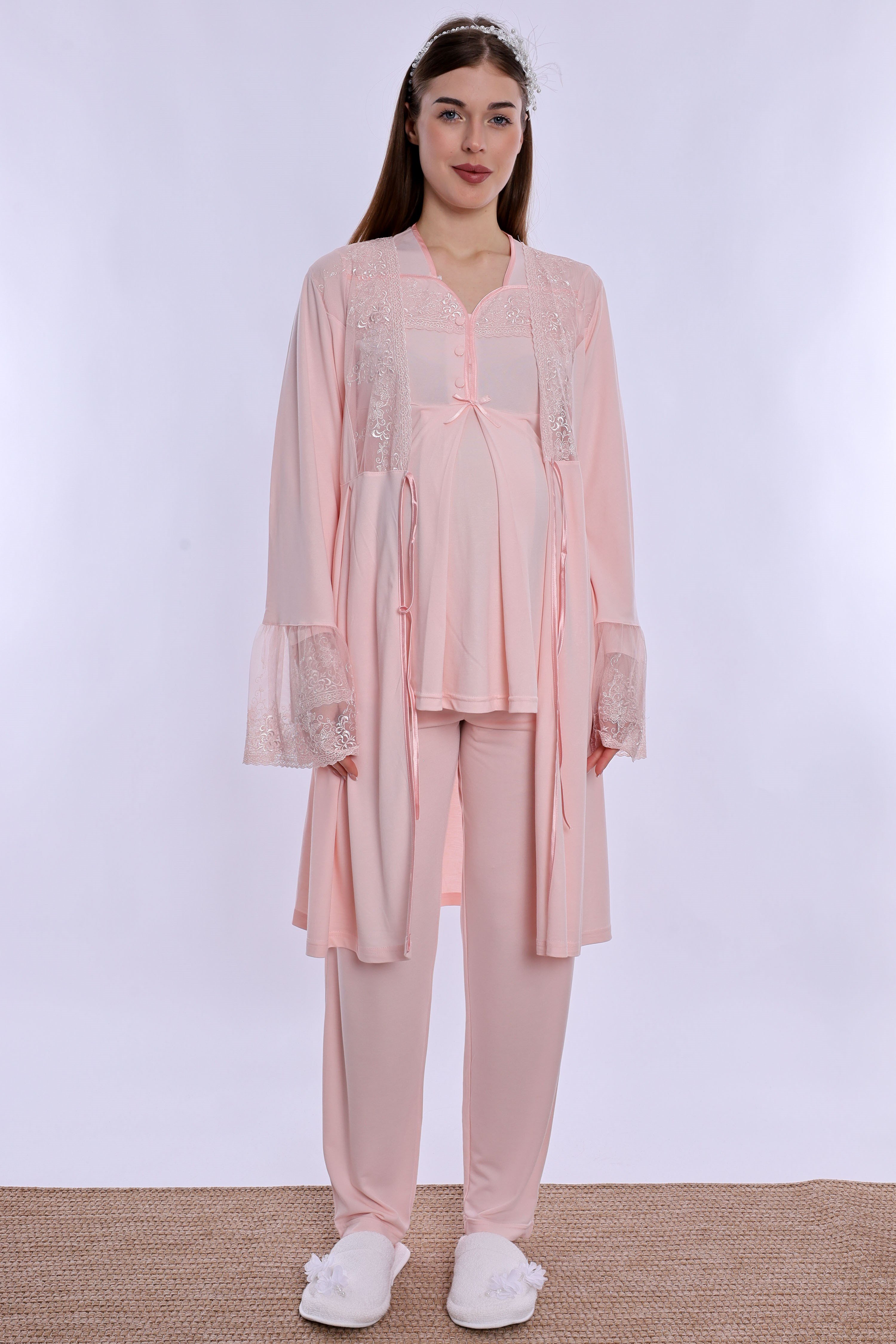 240842 Emzirme Özellikli Sabahlıklı Hamile Lohusa Pijama Takımı  - Pudra