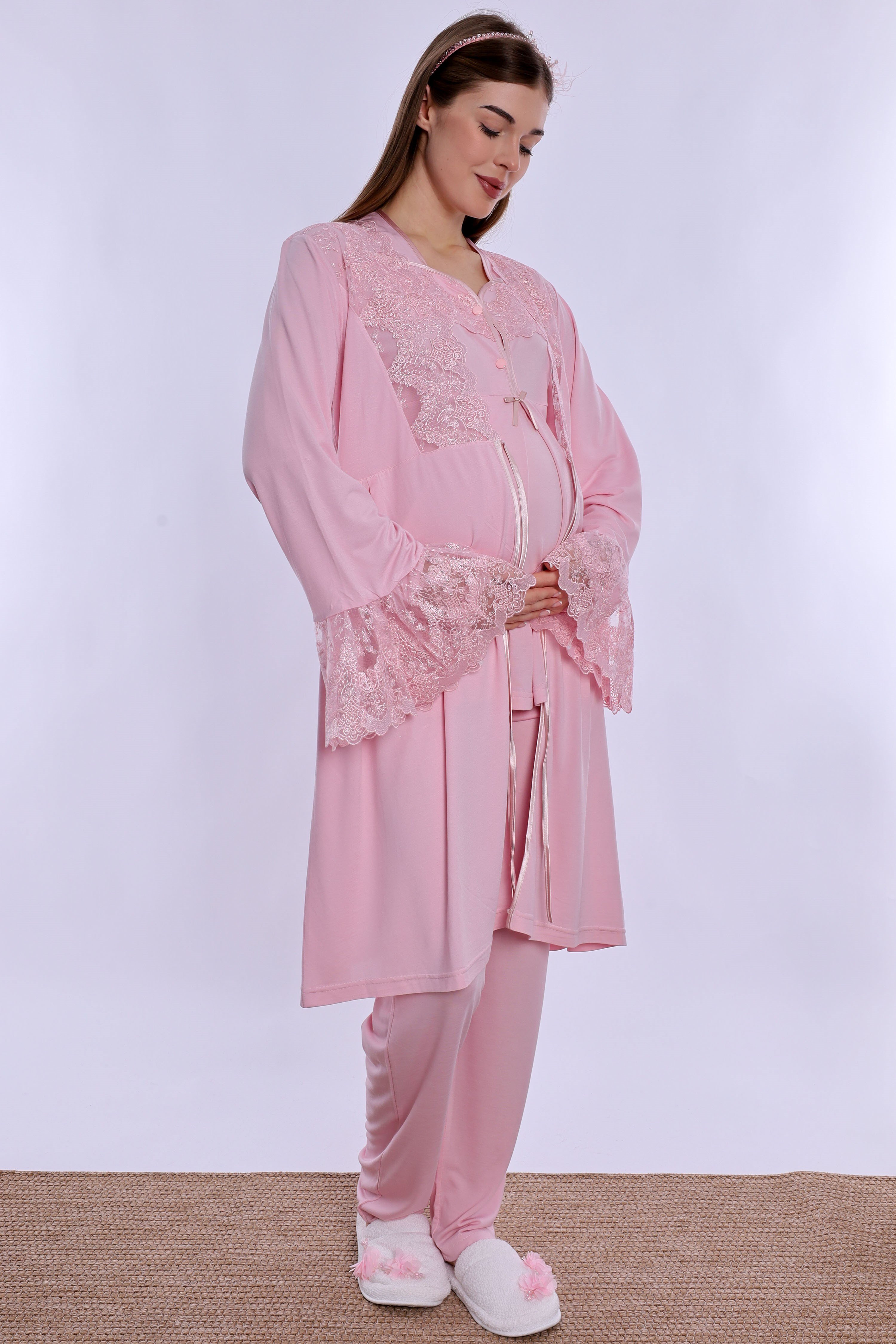 240842 Emzirme Özellikli Sabahlıklı Hamile Lohusa Pijama Takımı  - Pembe